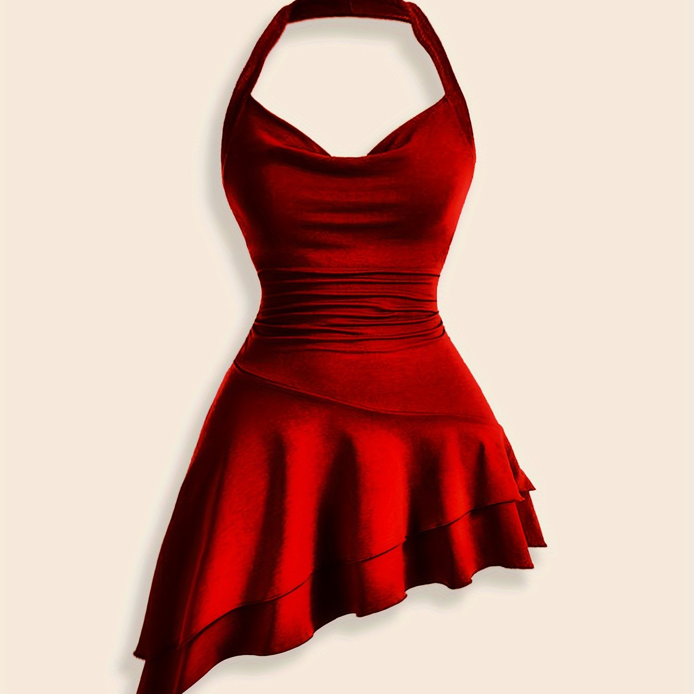 Sixsr  Solid Asymmetric Ruffle Hem Halter Top, Elegant Ruched Backless Top, Women's Clothing