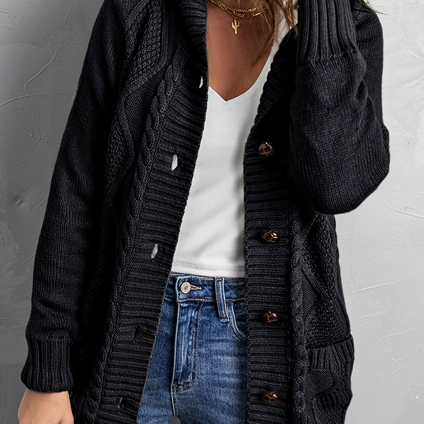 Sixsr Oversized Knit Hoodie, Long Chunky Knit Front Pocket Hooded Cardigan Sweater, Casual Tops For Fall & Winter, Women's Clothing