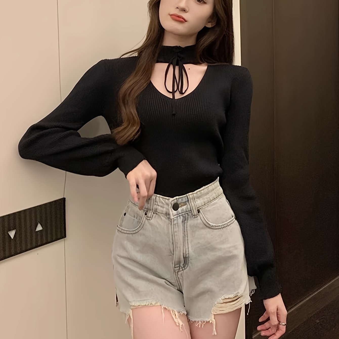 Sixsr Solid Lace Up Mock Neck Knit Sweater, Elegant Cut Out Long Sleeve Stylish Sweater, Women's Clothing