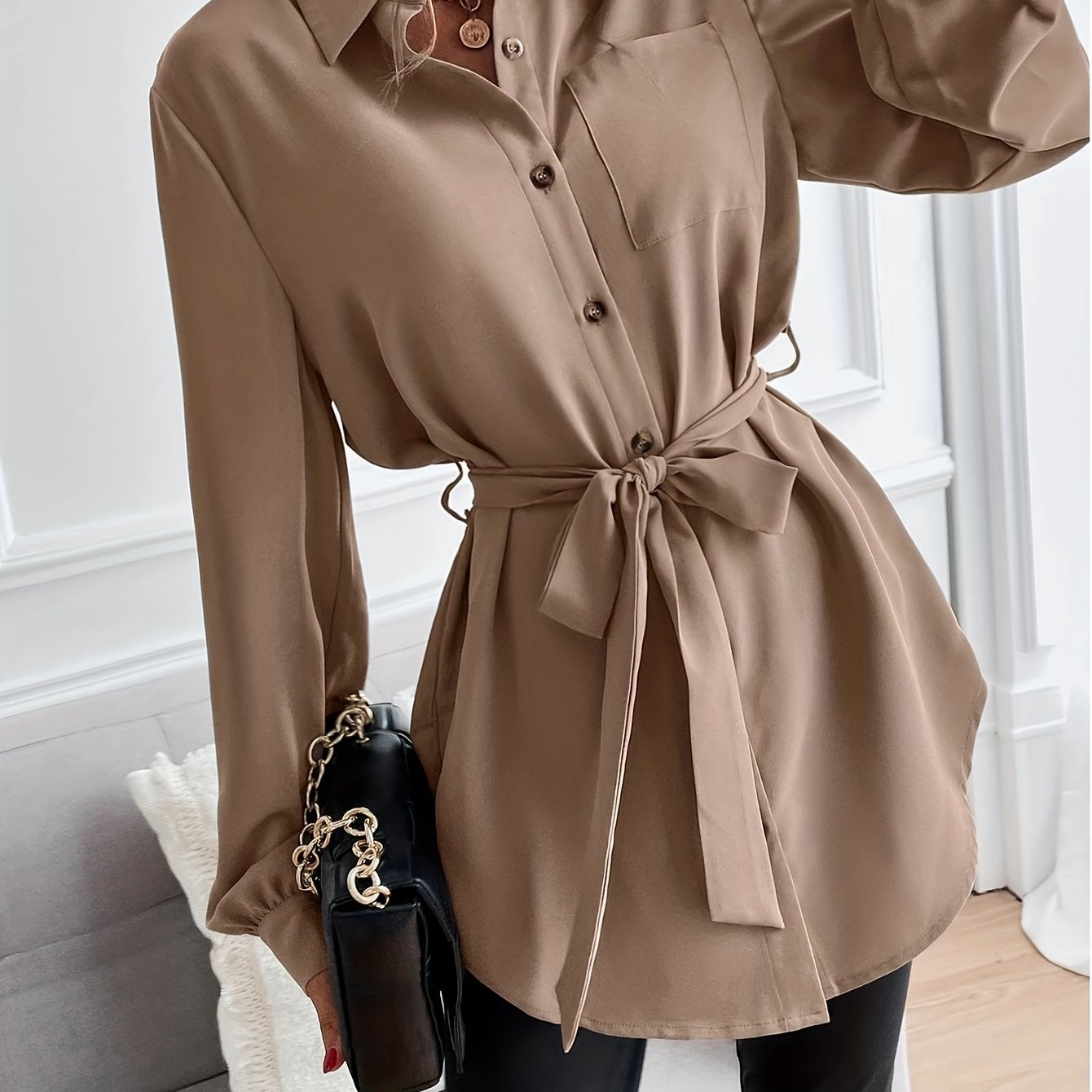 Sixsr Solid Pocket Polo Collar Belted Blouse, Casual Long Sleeve Blouse For Spring & Fall, Women's Clothing