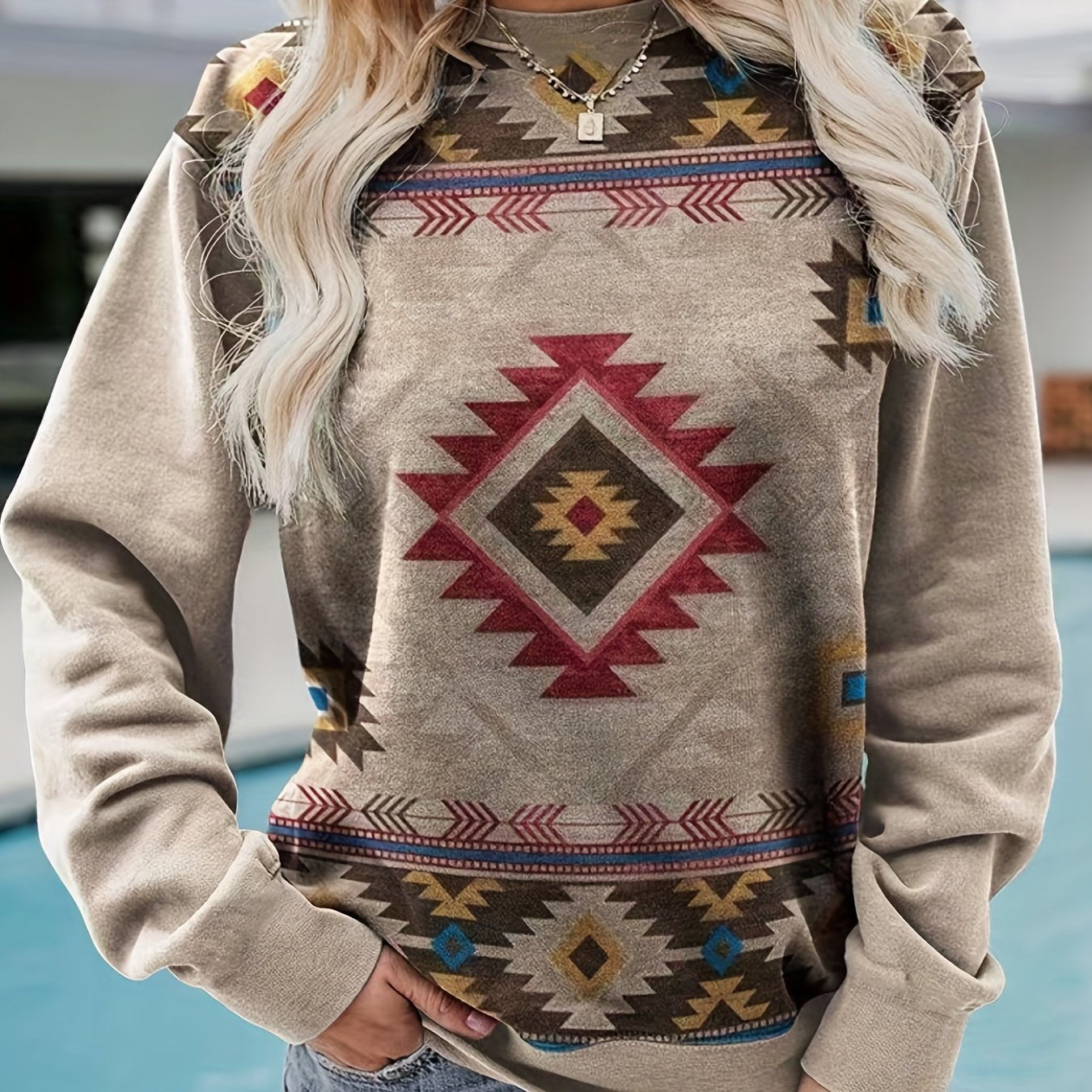 Sixsr Plus Size Boho Sweatshirt, Women's Plus Geometric Print Long Sleeve Round Neck Slight Stretch Sweatshirt