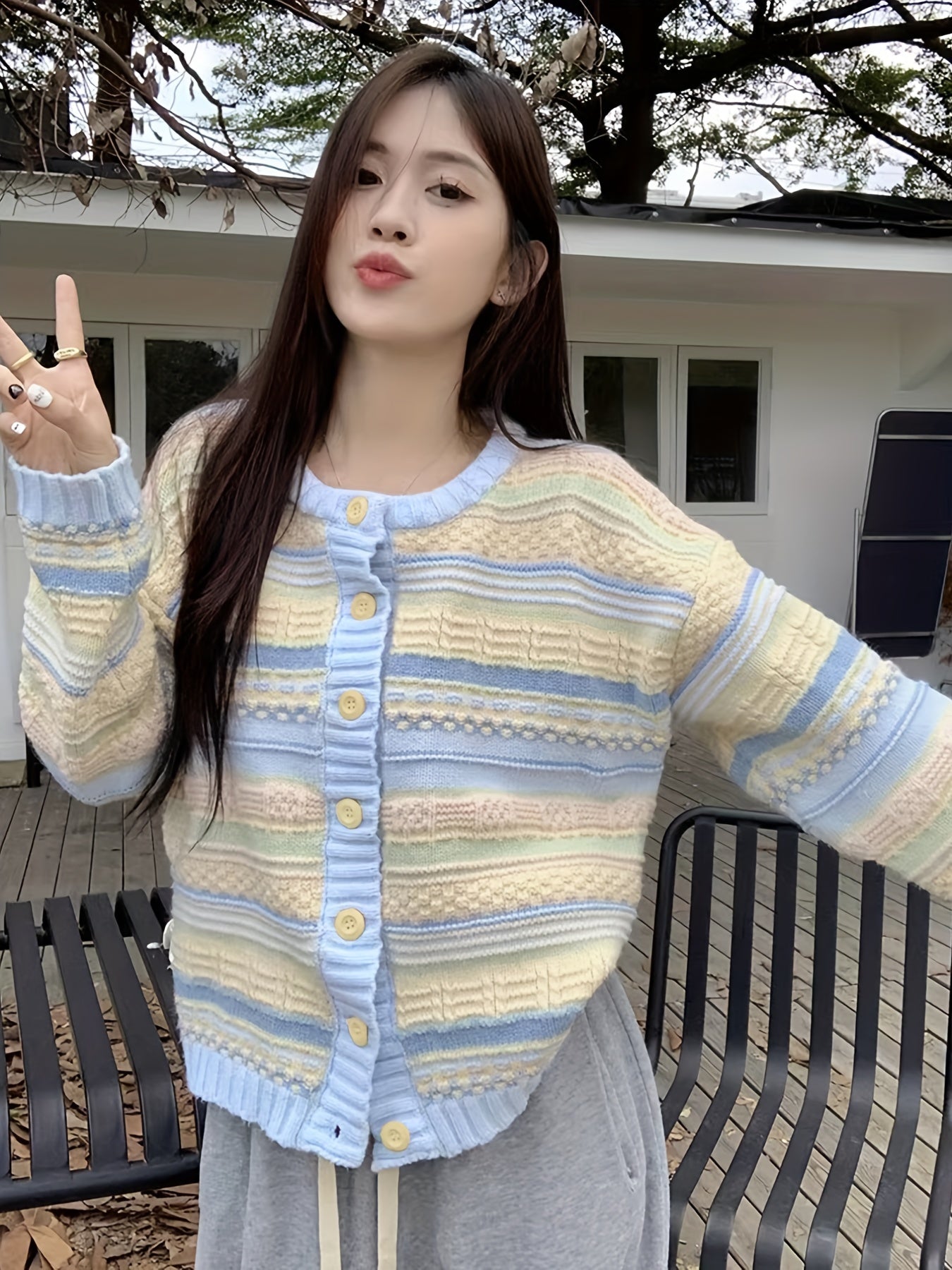 Sixsr Striped Button Up Knit Cardigan, Elegant Long Sleeve Sweater For Spring & Fall, Women's Clothing