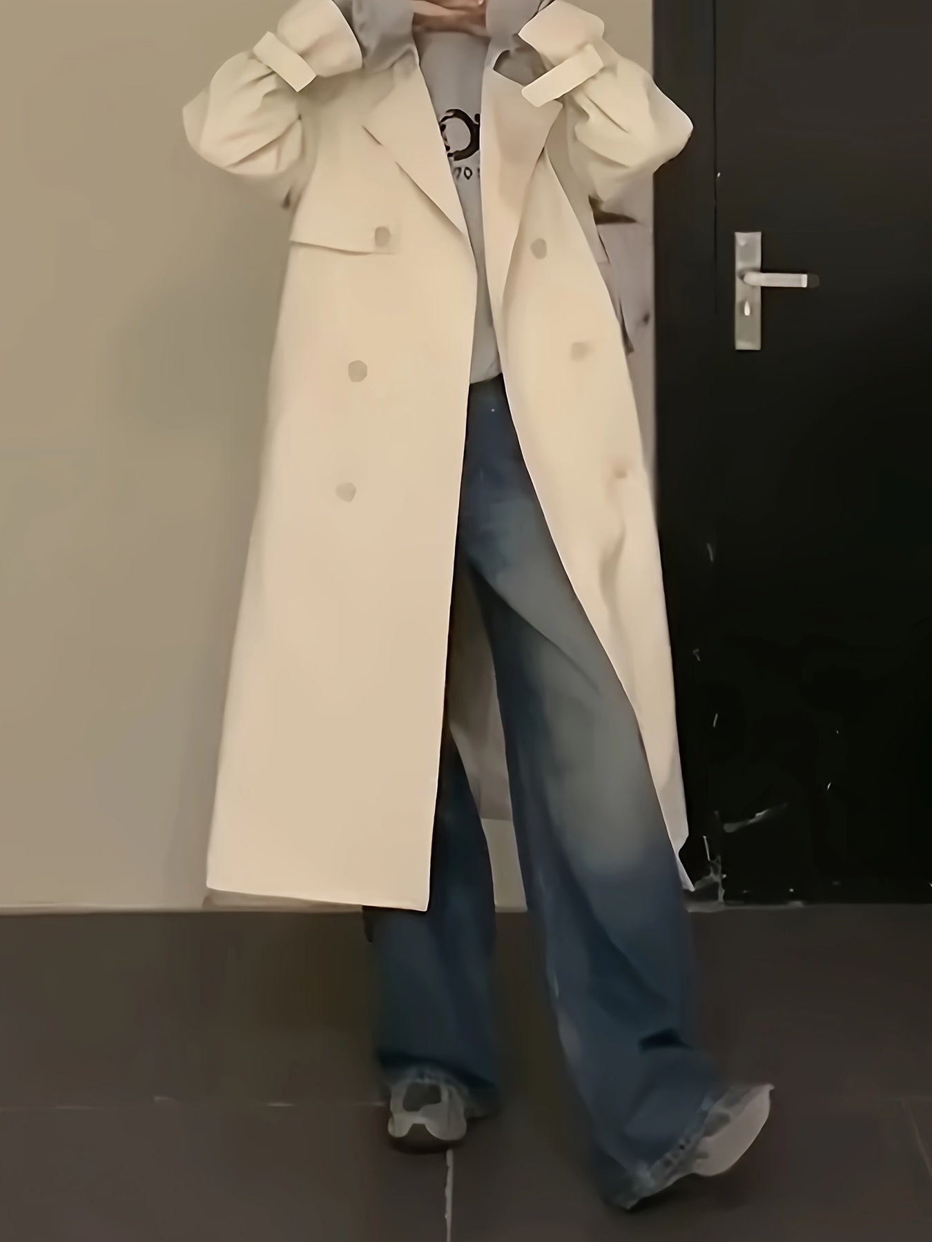 Sixsr Notched Collar Double-breasted Trench Coat, Casual Long Sleeve Midi Coat For Fall & Winter, Women's Clothing