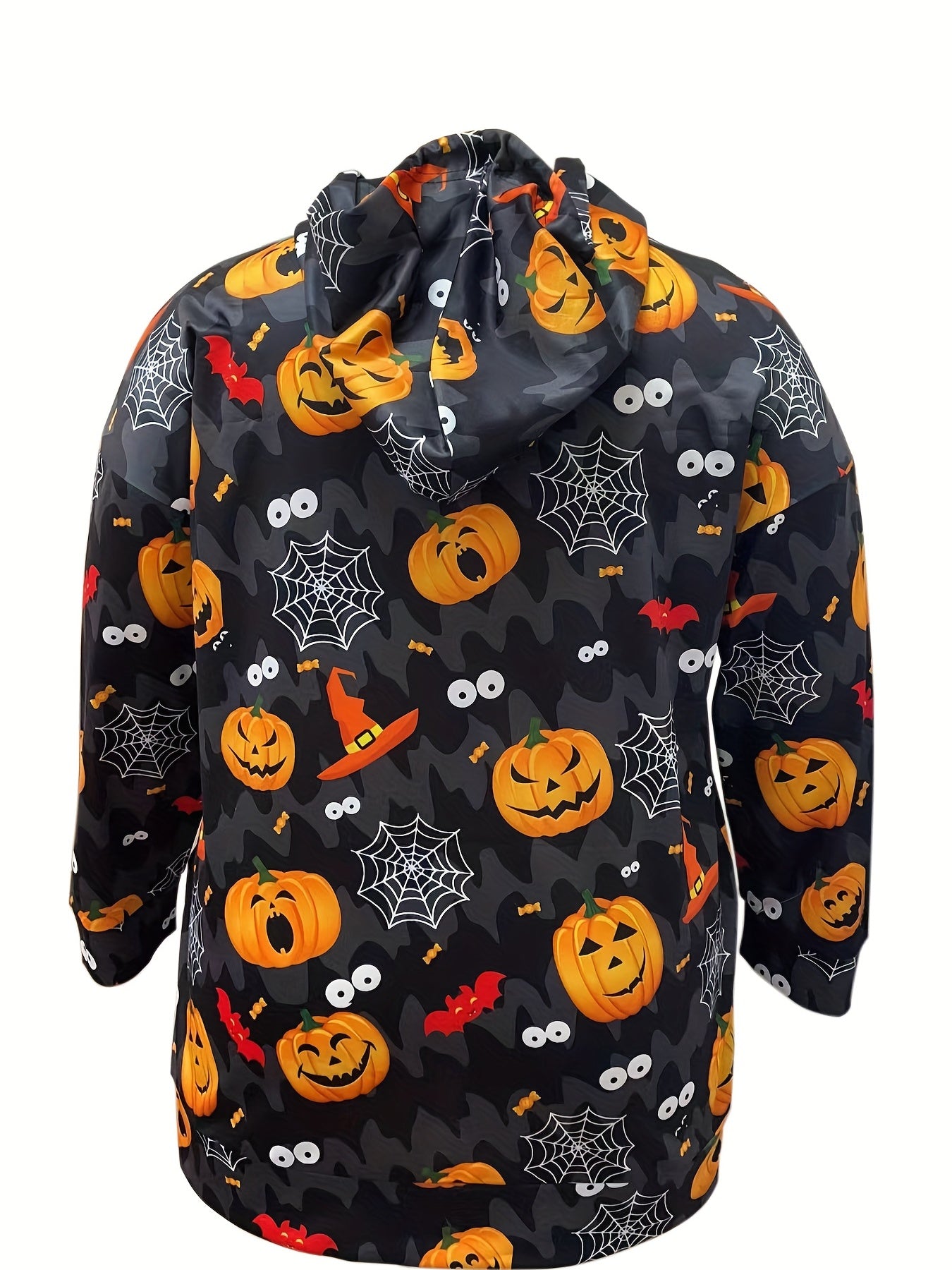 Sixsr Plus Size Halloween Casual Sweatshirt, Women's Plus Graphic Print Long Sleeve Drawstring Hooded Sweatshirt With Pockets