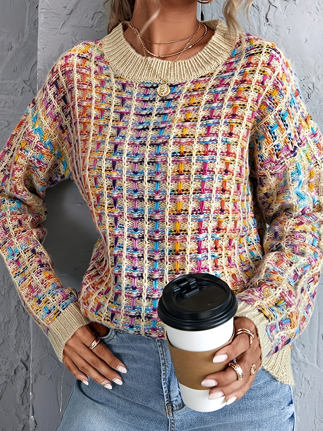 Sixsr Colorful Knit Sweater, Casual Crew Neck Long Sleeve Sweater, Women's Clothing
