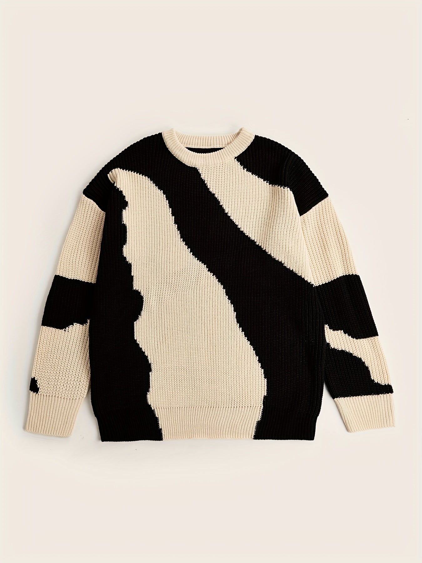 Sixsr All Match Knitted Color Block Wave Pattern Cable Sweater, Men's Casual Warm Slightly Stretch Crew Neck Pullover Sweater For Men Fall Winter