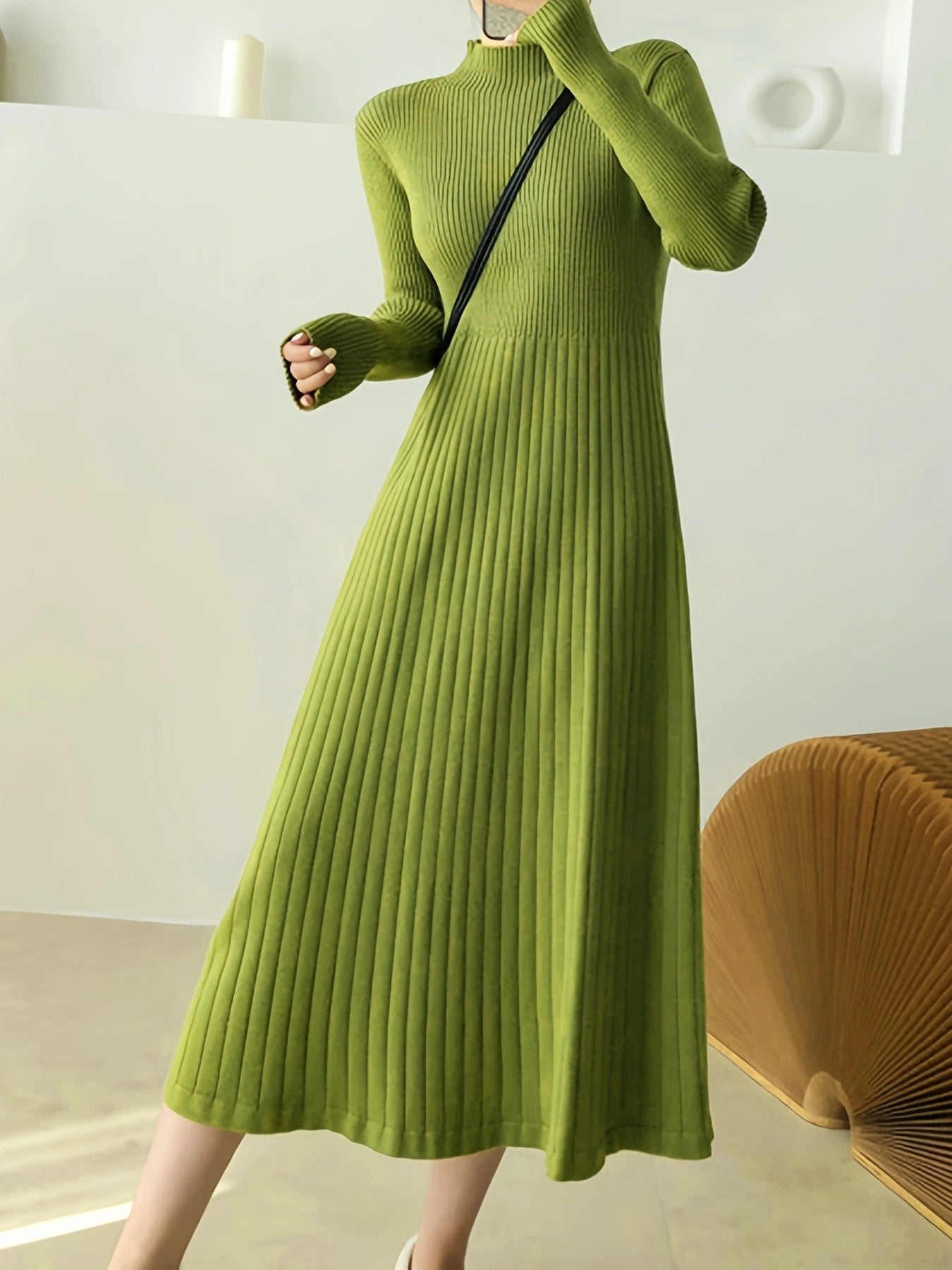 Sixsr Solid Ribbed Midi Dress, Elegant Mock Neck Long Sleeve Dress, Women's Clothing