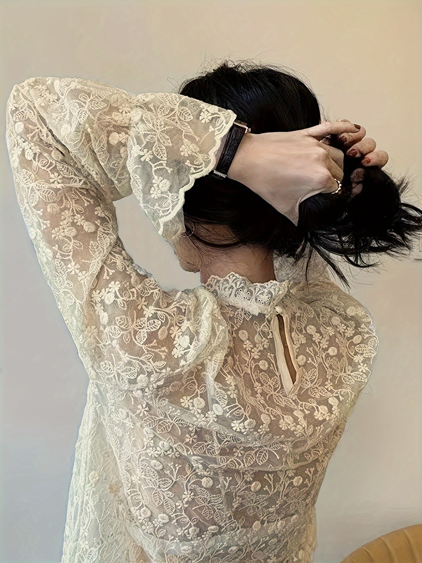 Sixsr Guipure Lace Overlay Flare Sleeve Blouse, Casual Mock Neck Long Sleeve Blouse, Women's Clothing