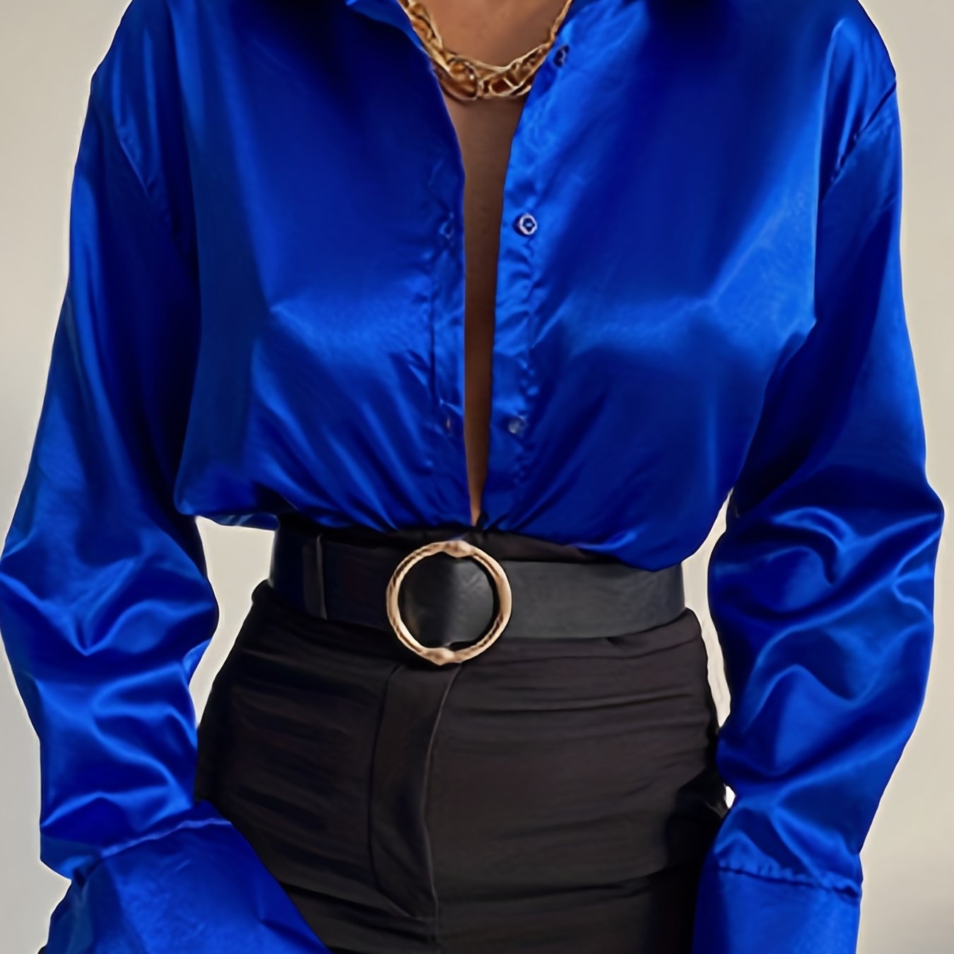 Sixsr Solid Button Front Shirt, Casual Satin Long Sleeve Collar Shirt, Women's Clothing