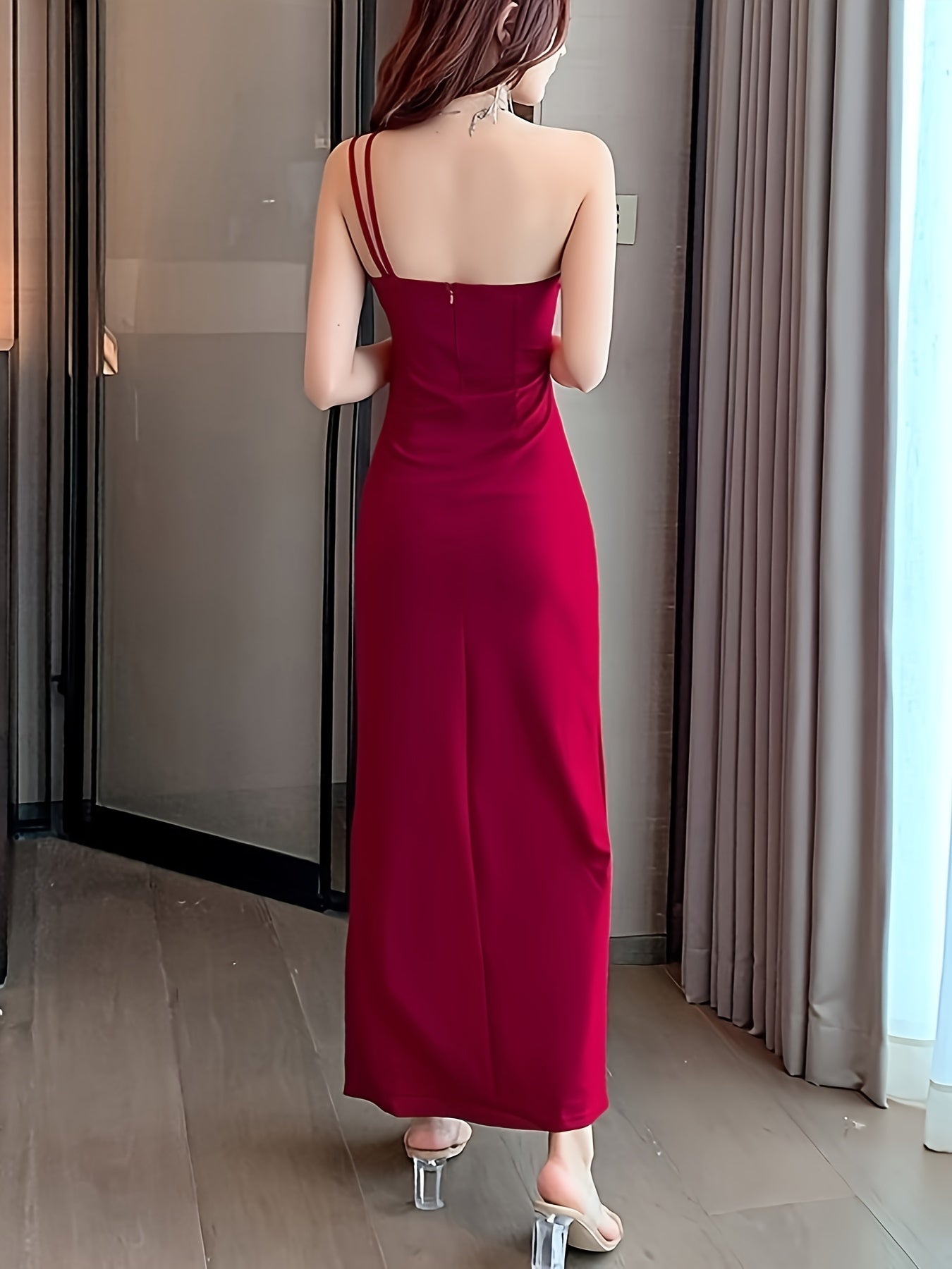 Sixsr One Shoulder Cut Out Dress, Split Thigh Elegant Sleeveless Dress For Party & Banquet, Women's Clothing