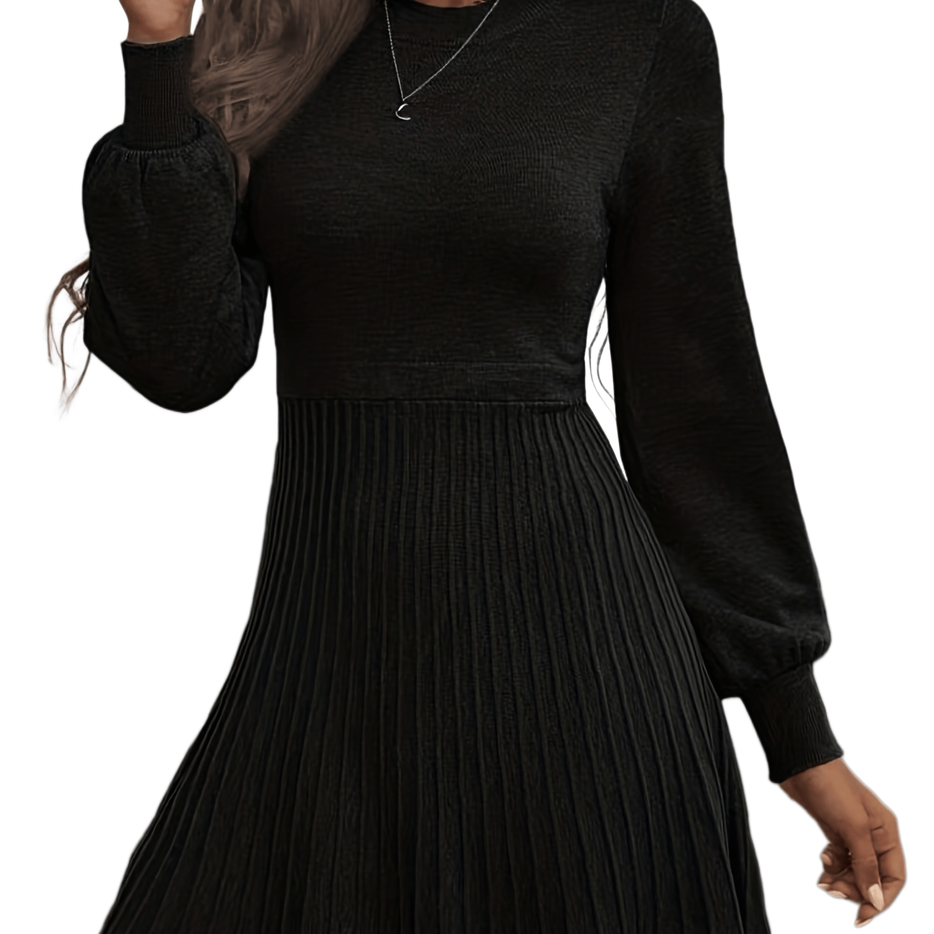 Sixsr Solid Pleated Dress, Elegant Crew Neck Long Sleeve Dress For Spring & Fall, Women's Clothing