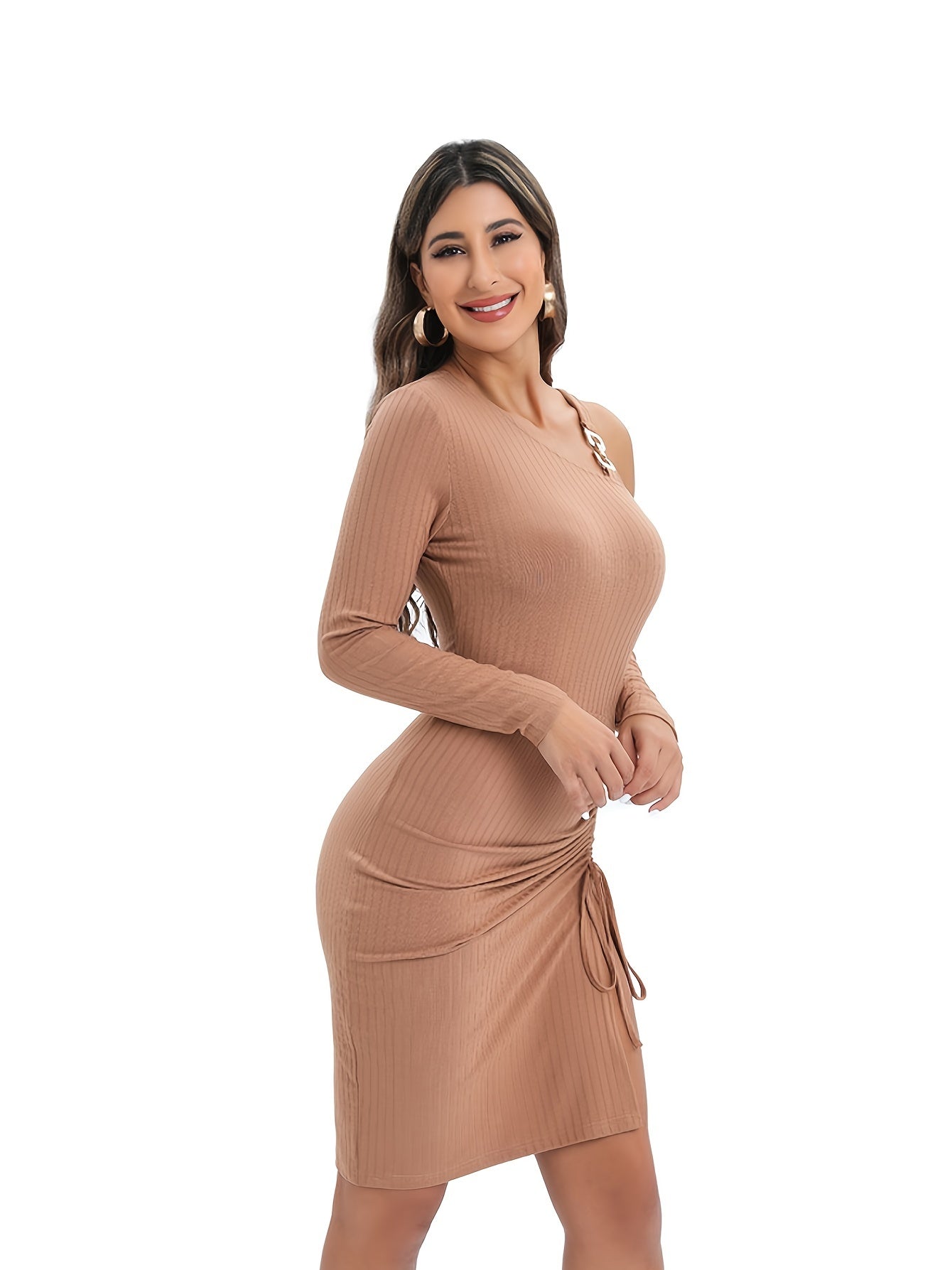 Sixsr Women's Sexy Ruched Ruffle Skinny Dress, Sexy Solid Drawstring Long Sleeve Dress, Women's Clothing