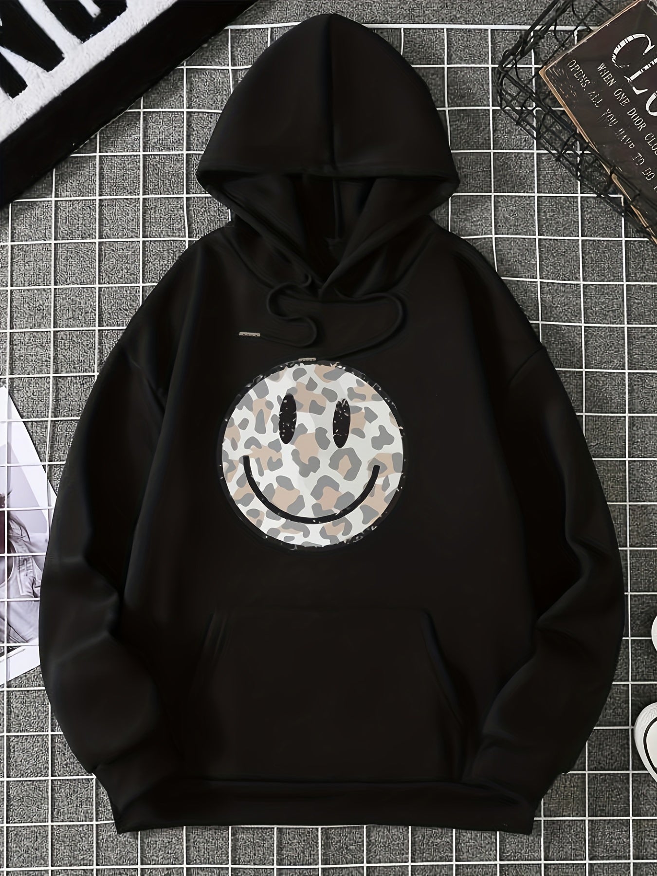 Sixsr Leopard Print Face Graphic Hoodies, Drawstring Kangaroo Pocket Casual Sweatshirt For Spring & Fall, Women's Clothing