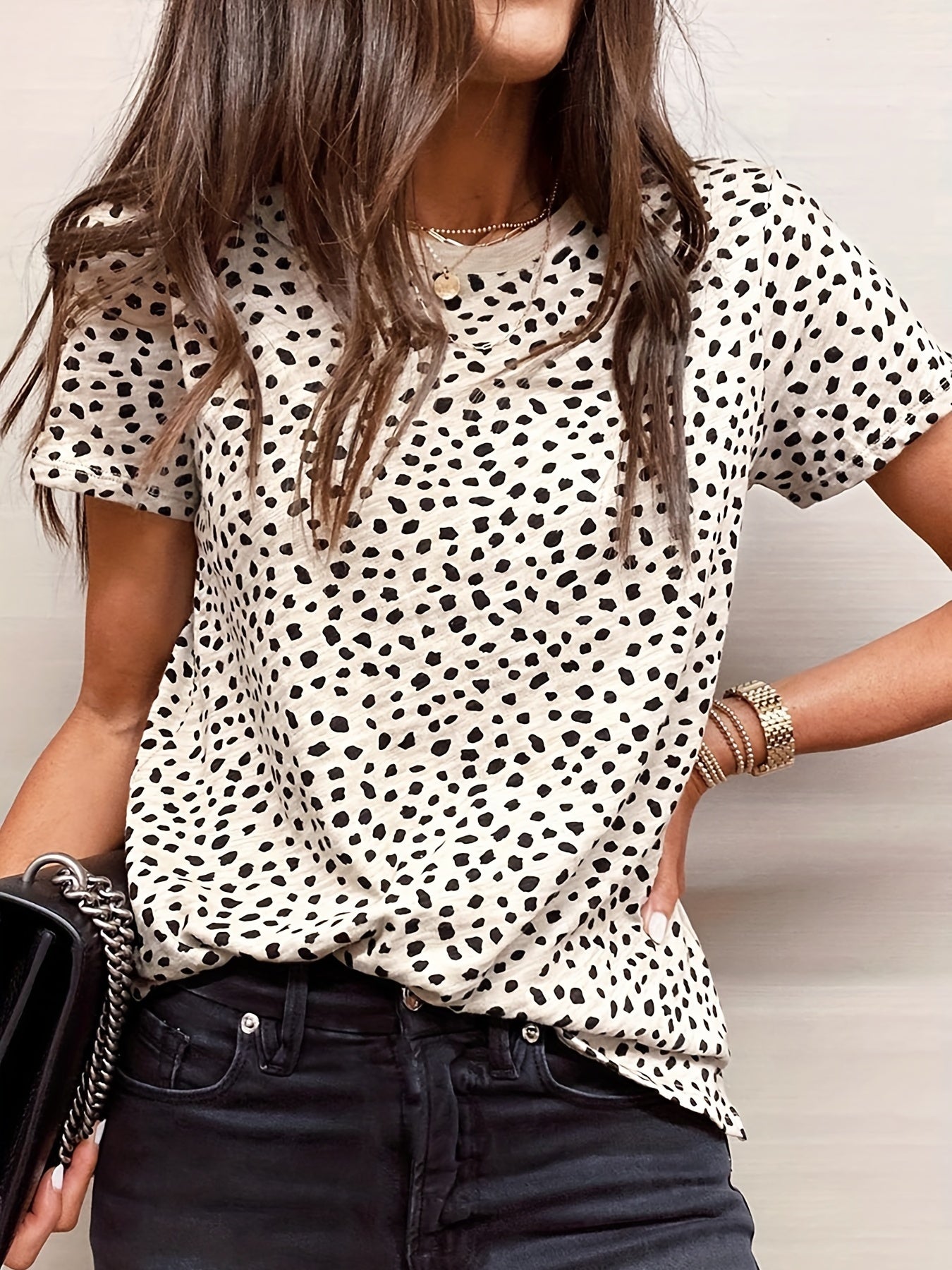 Sixsr Dalmatian Print Crew Neck T-Shirt, Casual Short Sleeve T-Shirt For Spring & Summer, Women's Clothing