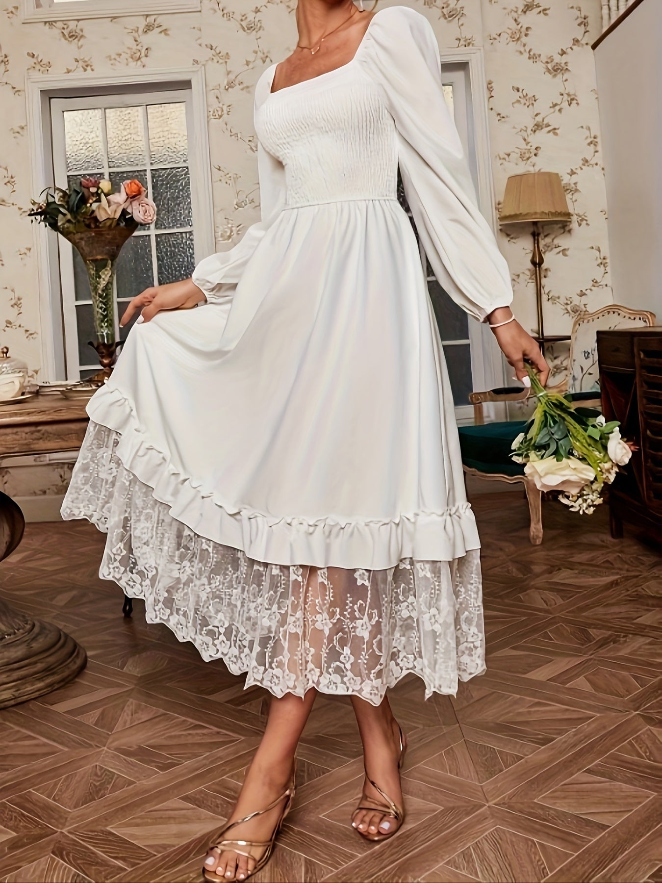 Sixsr Lace Trim Shirred Dress, Elegant Ruffle Square Neck Lantern Long Sleeve Dress For Spring & Fall, Women's Clothing