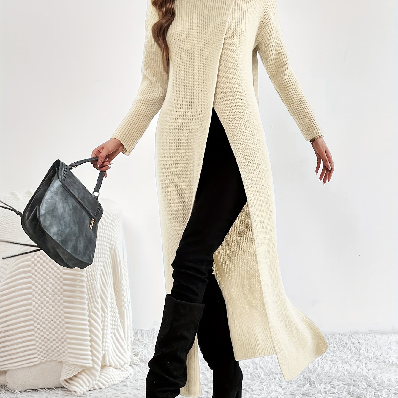 Sixsr Solid High Neck Split Dress, Elegant Long Sleeve Maxi Dress, Women's Clothing