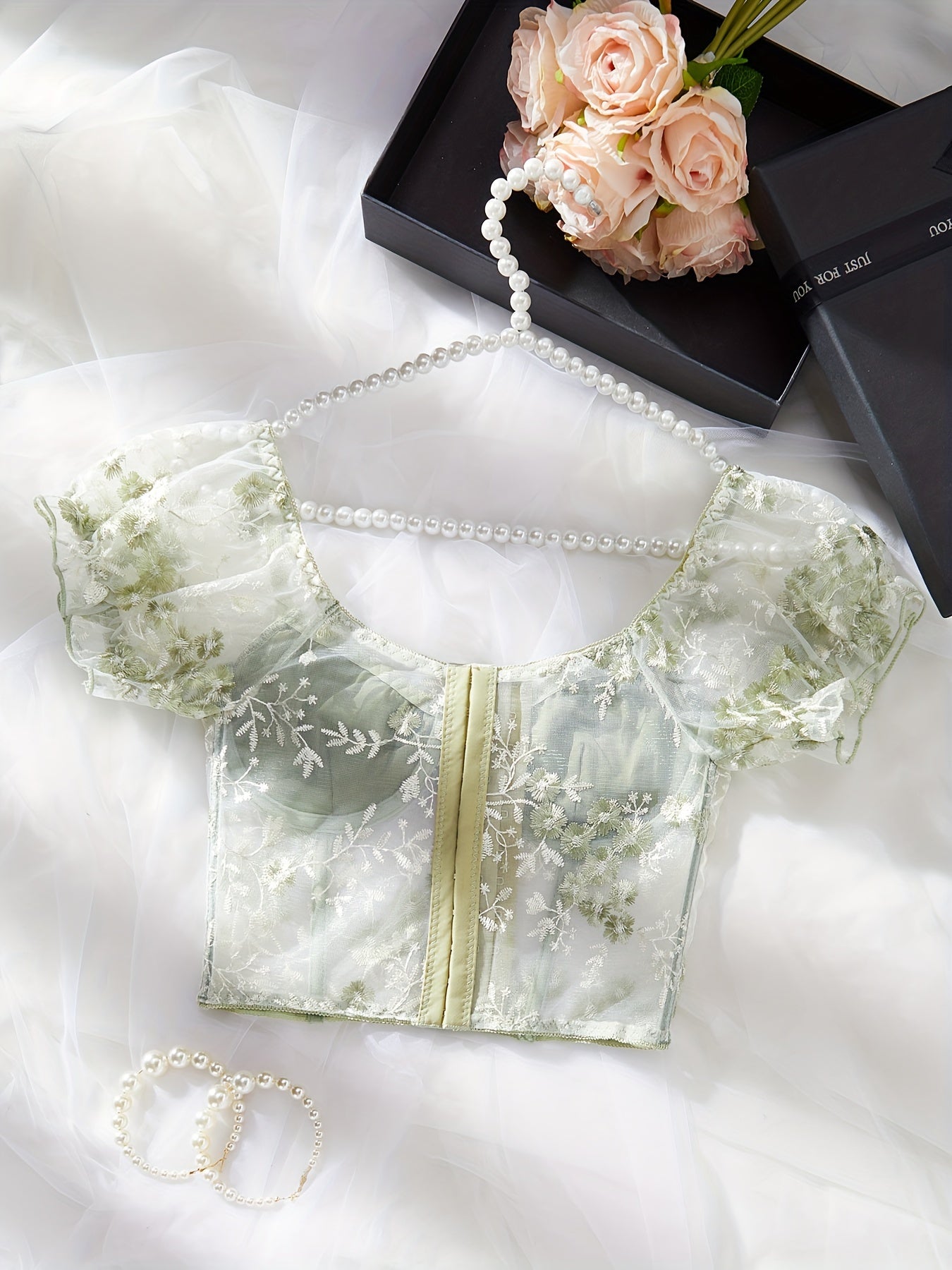 Sixsr Hot Floral Embroidery Bustier, Puff Sleeve Fishbone Bustier, Women's Sexy Lingerie & Underwear
