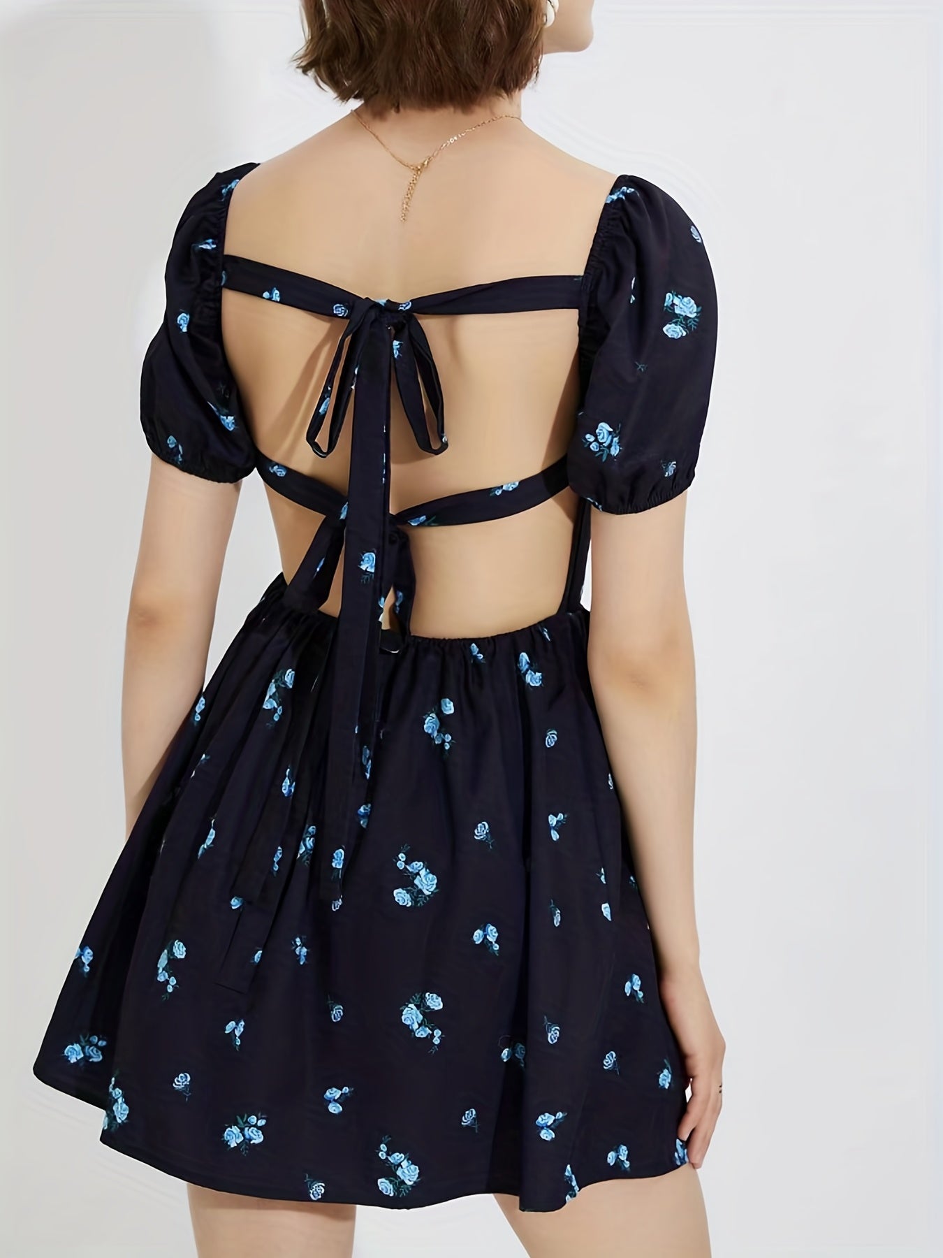 Sixsr Floral Print Sweetheart Neck Dress, Elegant Puff Sleeve Tie Back Ruched Mini Dress, Women's Clothing