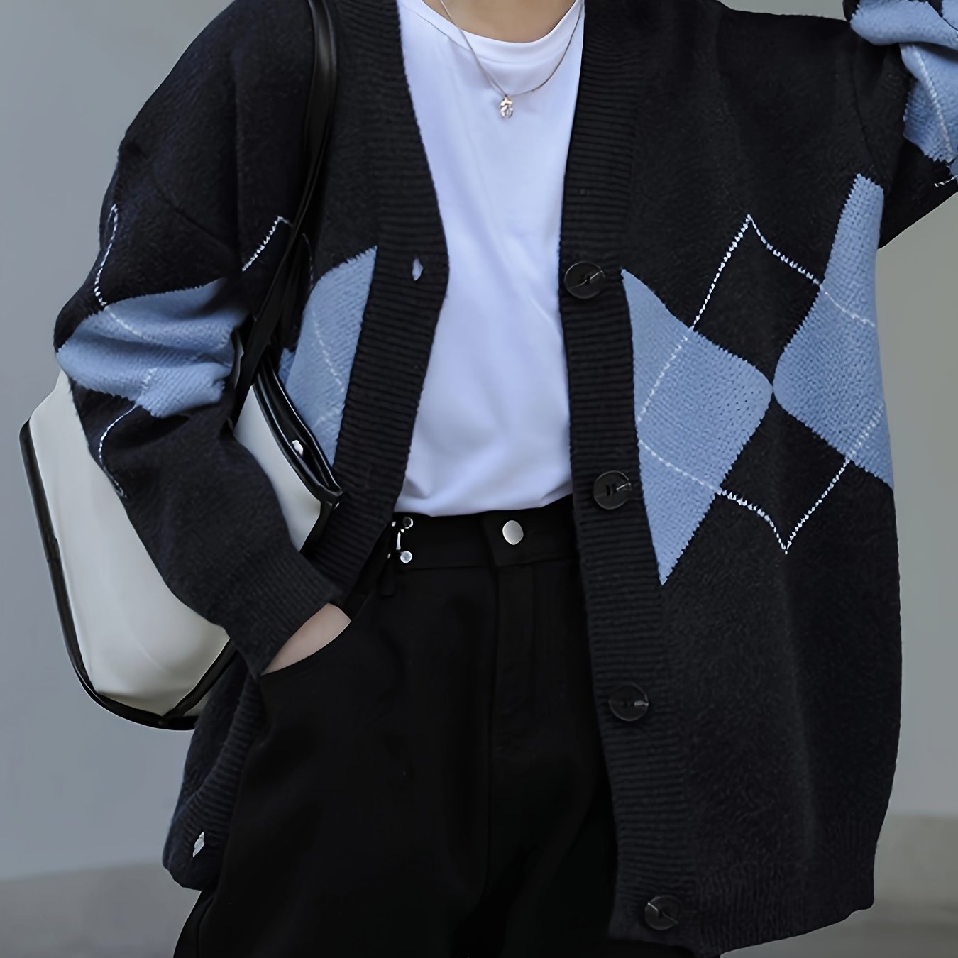 Sixsr Argyle Pattern Button Front Cardigan, Casual Long Sleeve Cardigan For Spring & Fall, Women's Clothing
