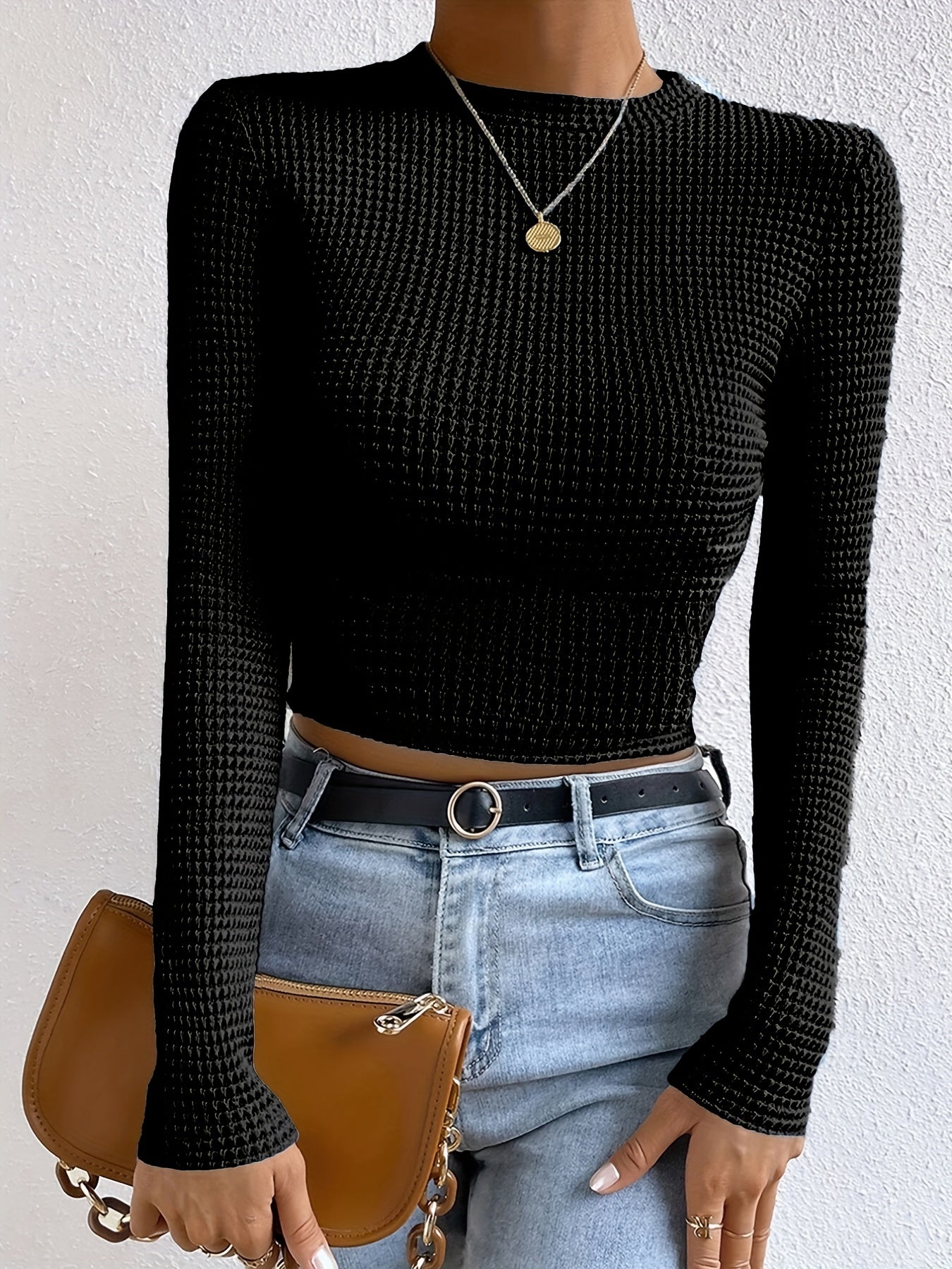 Sixsr Waffle Slim Crew Neck T-Shirt, Casual Long Sleeve Top For Spring & Fall, Women's Clothing