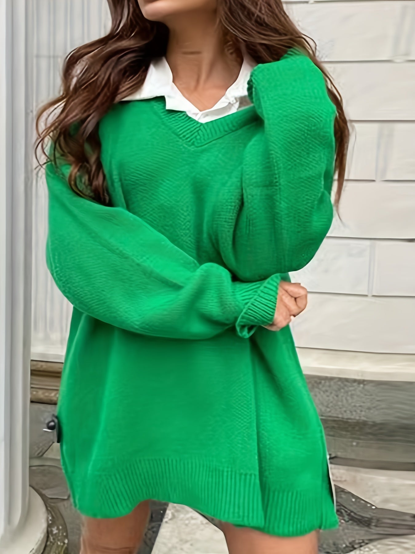 Sixsr Plus Size Casual Sweater, Women's Plus Solid Long Sleeve V Neck Oversized Sweater