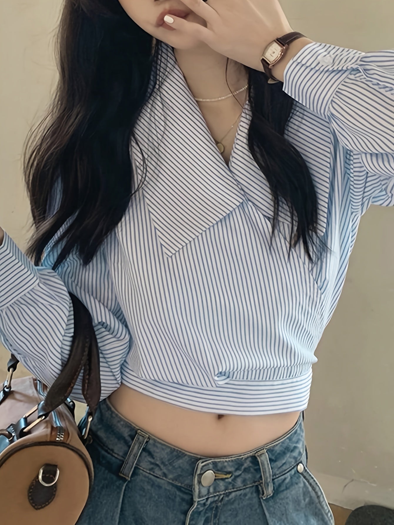 Sixsr Striped Print Lapel V-neck Crop Blouse, Casual Tie Back Long Sleeve Blouse For Spring & Fall, Women's Clothing