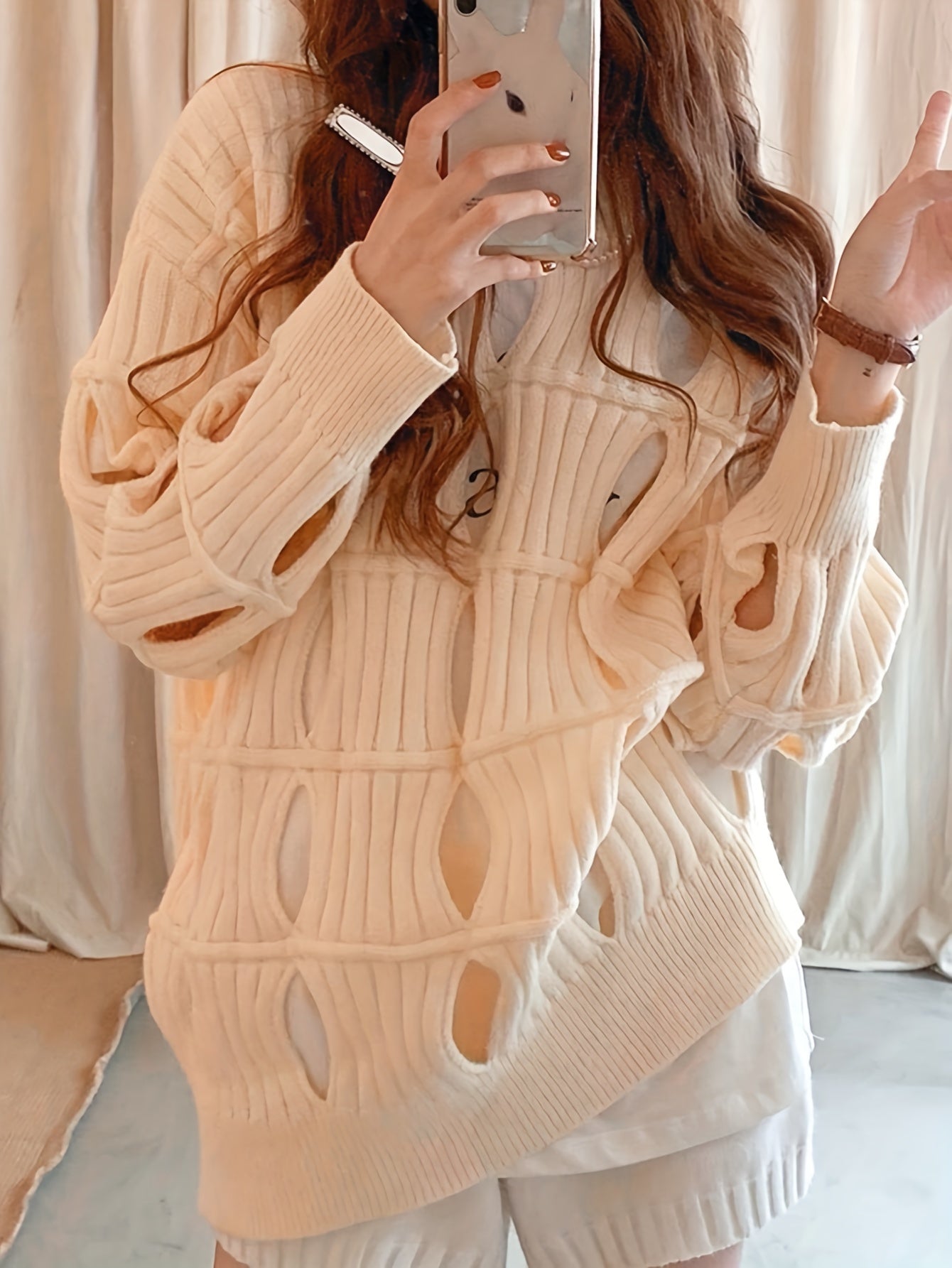 Sixsr Solid Cut Out Pullover Sweater, Casual Long Sleeve Loose Stylish Sweater, Women's Clothing