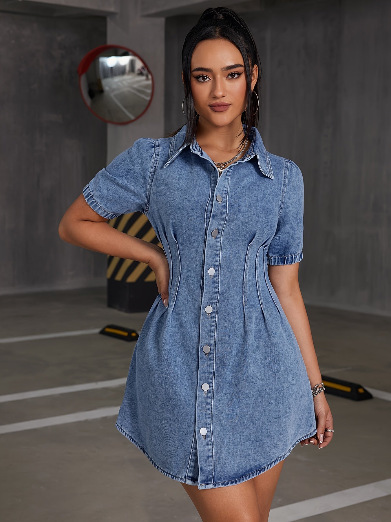 Sixsr Blue Short Sleeves Denim Dress, Single Breasted Button Elegant Lapel Denim Dress, Women's Denim Clothing