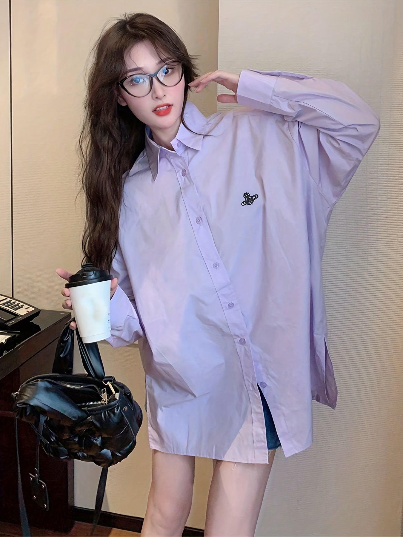 Sixsr Embroidered Solid Shirt, Casual Oversized Button Front Long Sleeve Shirt, Women's Clothing