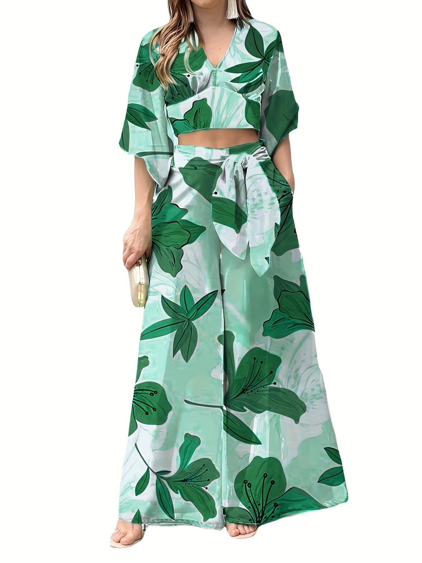 Floral Print V-neck Lace Up Suit, High Waist Wide Leg Pants And Lantern Sleeve V-neck Top Set, Women's Clothing
