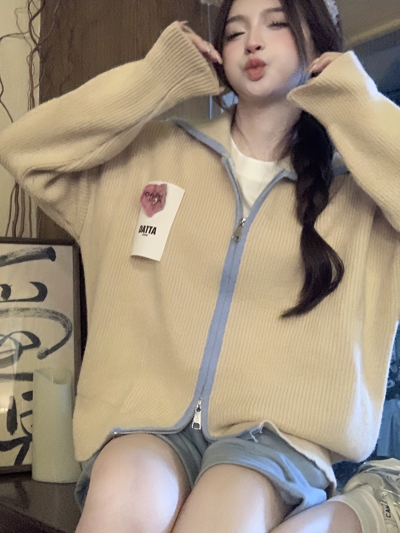 Sixsr Color Block Zip Up Knit Cardigan, Casual Collared Long Sleeve Loose Sweater, Women's Clothing