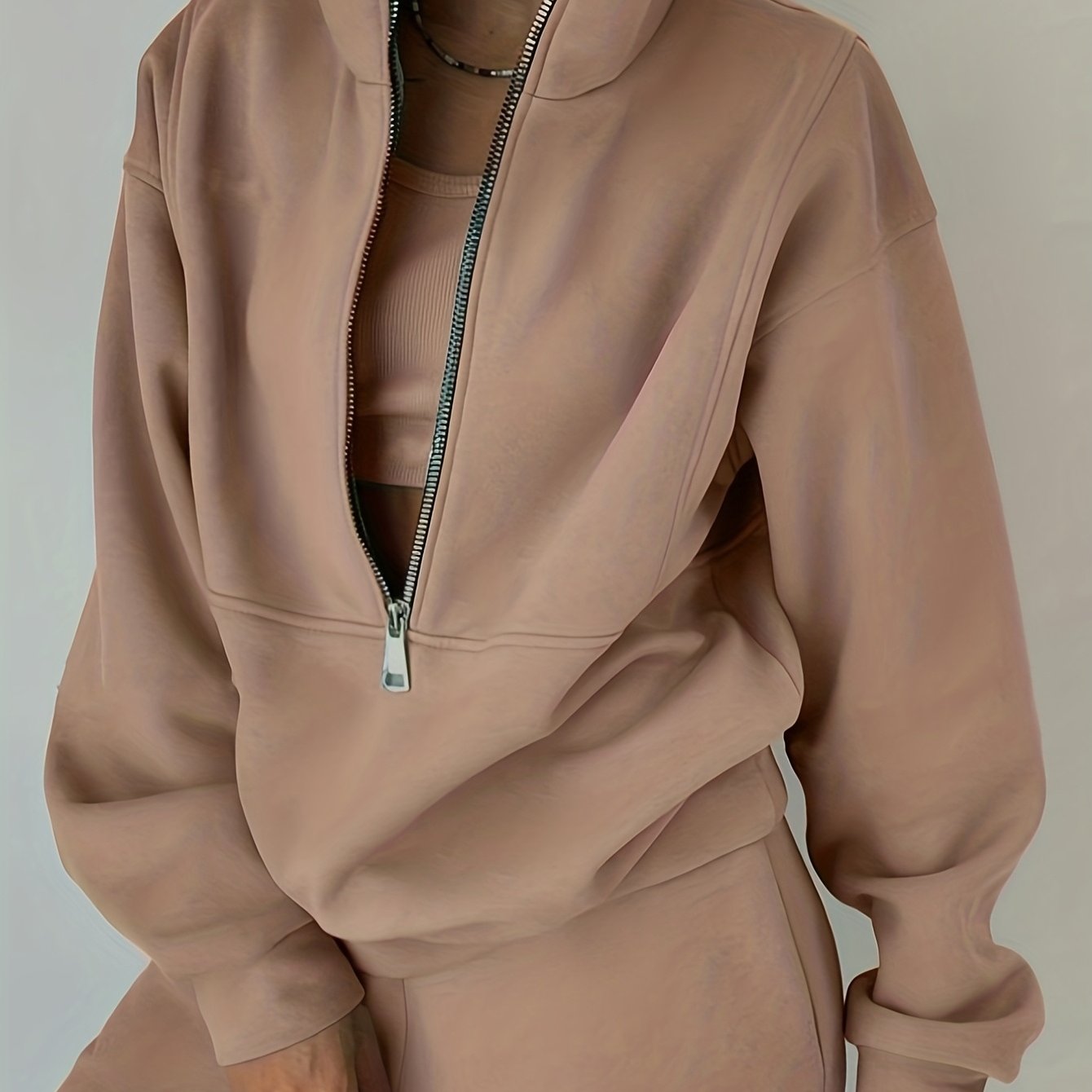 Sixsr Casual Matching Two-piece Set, Zip Up Sweatshirt & Solid Sweatpants Outfits, Women's Clothing