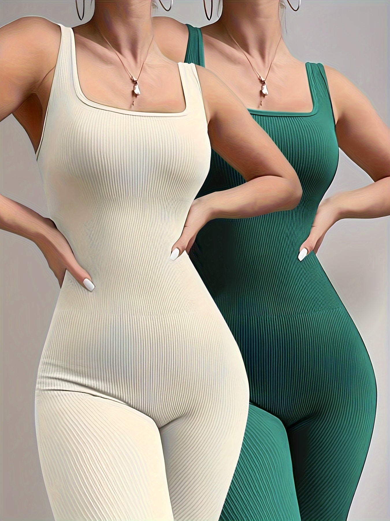 Sixsr 2pcs Solid Color Ribbed Yoga Jumpsuit, Square Neck Sports Fitness Sleeveless Bodysuit, Women's Activewear