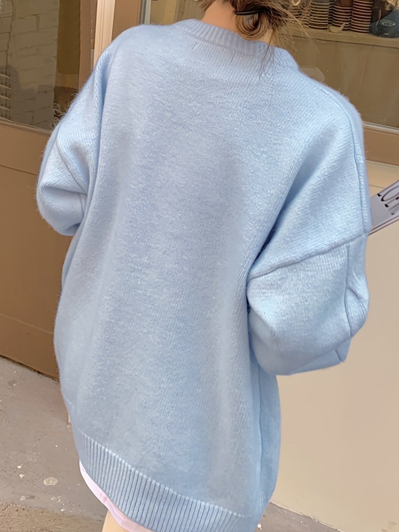 Sixsr Solid Cable Knit Loose Sweater, Casual Crew Neck Long Sleeve Sweater, Women's Clothing