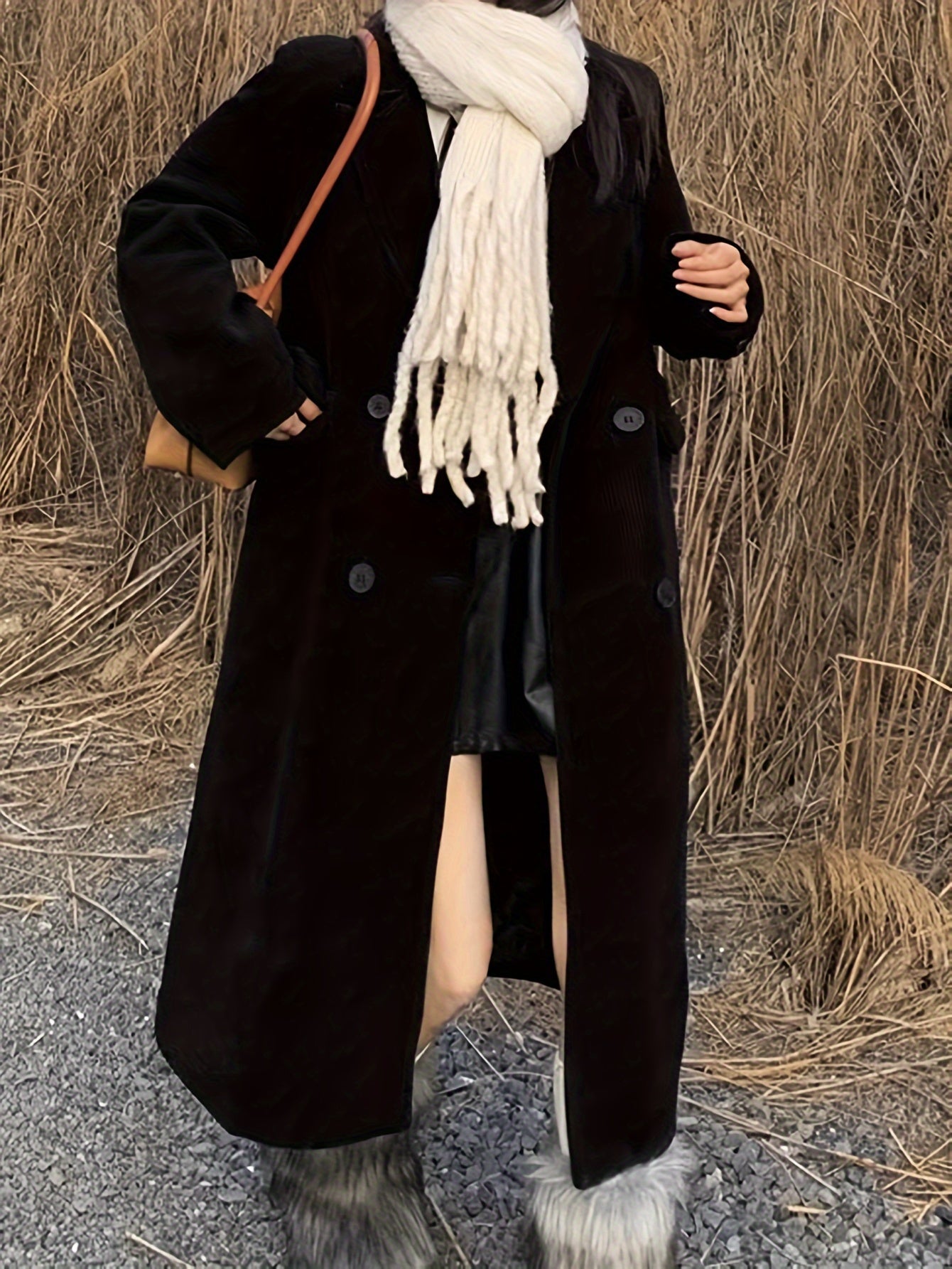 Sixsr Solid Double-breasted Overcoat, Casual Long Sleeve Lapel Warm Outwear For Fall & Winter, Women's Clothing