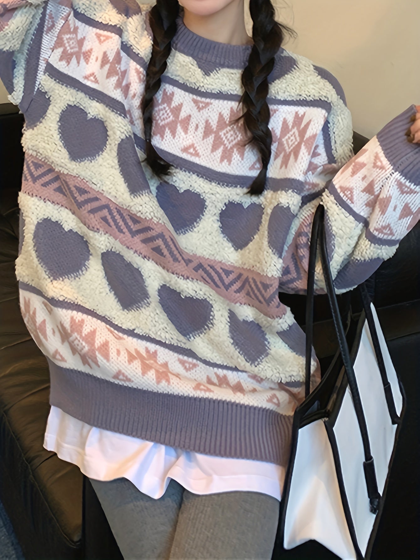 Sixsr Heart Pattern Crew Neck Pullover Sweater, Vintage Long Sleeve Soft Oversized Sweater, Women's Clothing