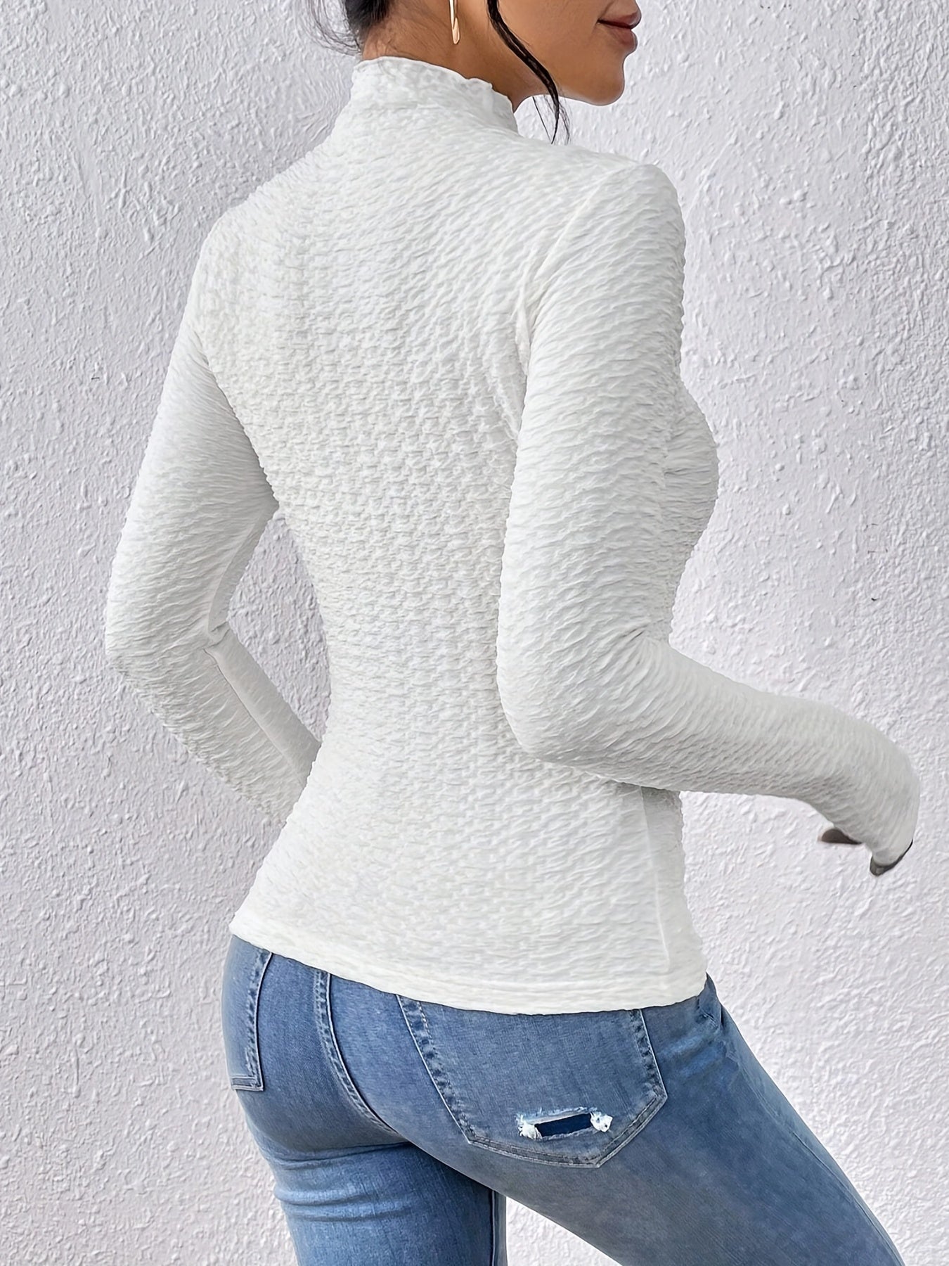 Sixsr Solid Textured T-Shirt, Casual Long Sleeve Top For Spring & Fall, Women's Clothing