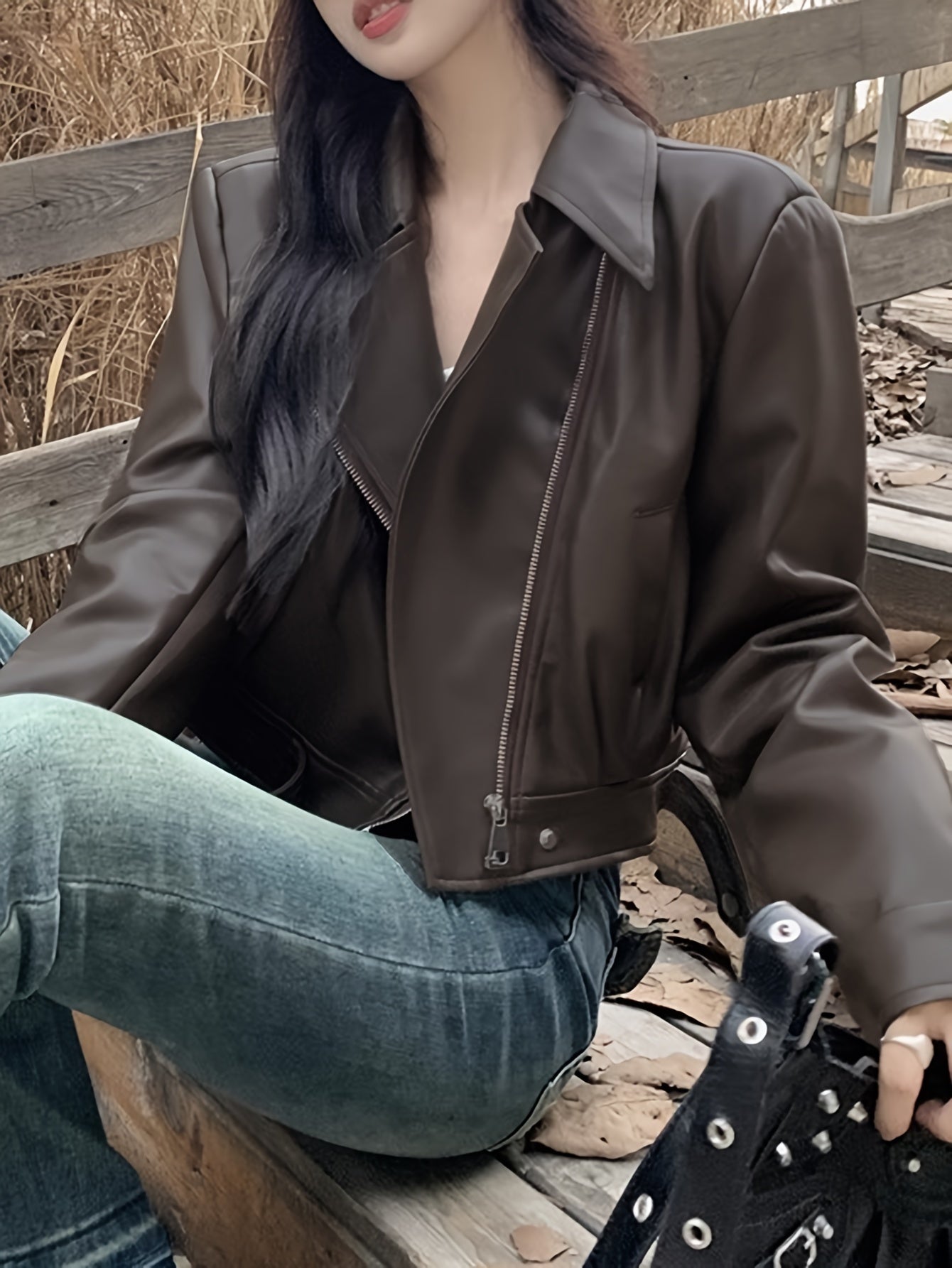 Sixsr Faux Leather Zip-up Jacket, Casual Long Sleeve Crop Biker Jacket For Fall & Winter, Women's Clothing