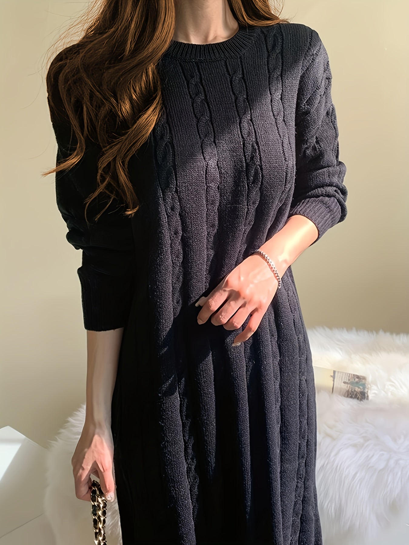 Sixsr Solid Cable Knit Sweater Dress, Casual Long Sleeve Midi Dress, Women's Clothing