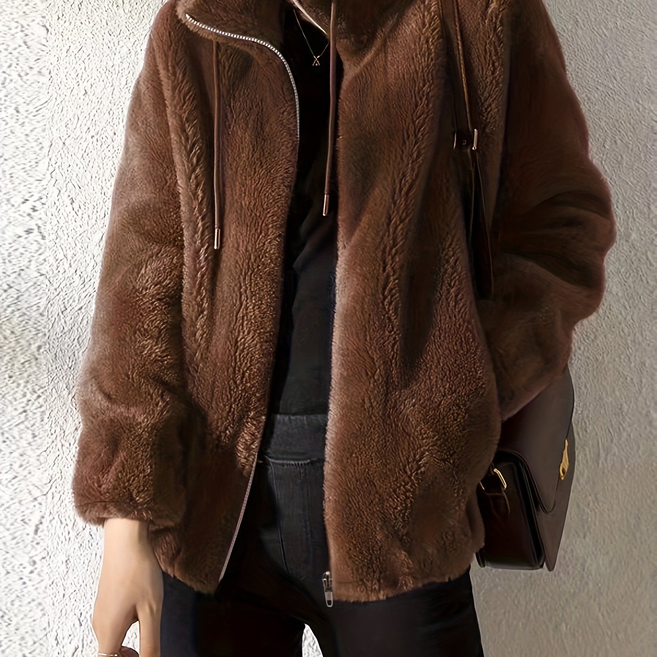 Sixsr Drawstring Teddy Coat, Casual Zip Up Long Sleeve Warm Outerwear, Women's Clothing