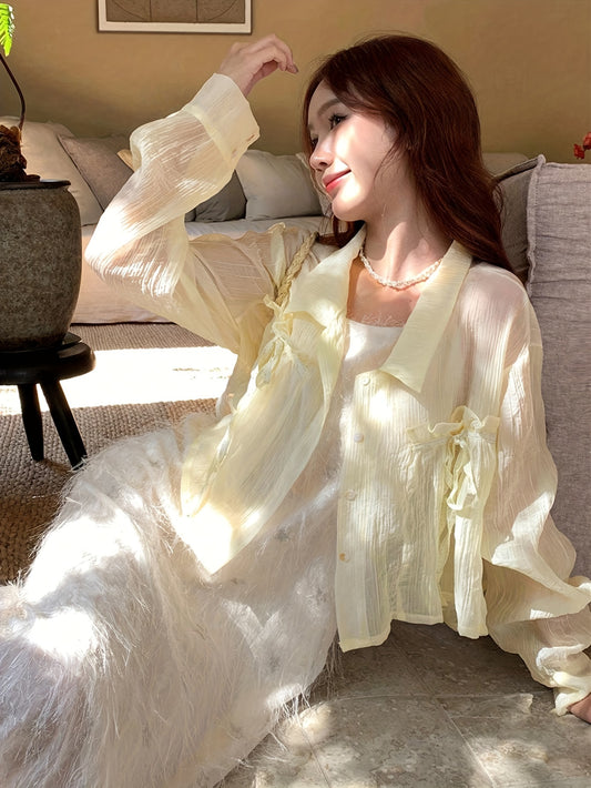 Sixsr Solid Ruffle Trim Mesh Blouse, Elegant Long Sleeve Button Front Blouse For Spring & Fall, Women's Clothing