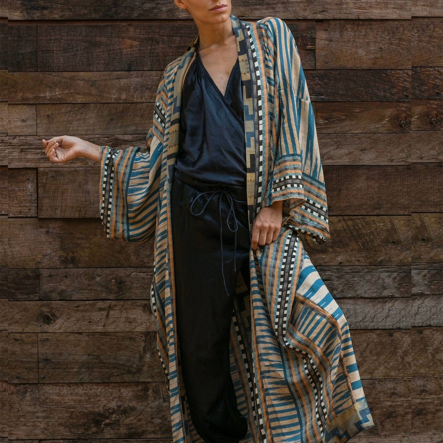 Sixsr Geo Print Open Front Belted Kimono, Boho Long Sleeve Beachwear Cove Up, Women's Clothing