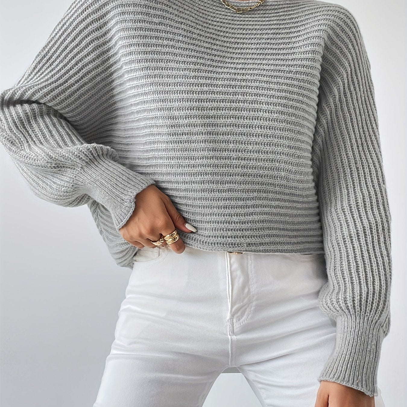 Sixsr Solid Boat Neck Sweater, Casual Batwing Sleeve Sweater For Fall & Winter, Women's Clothing