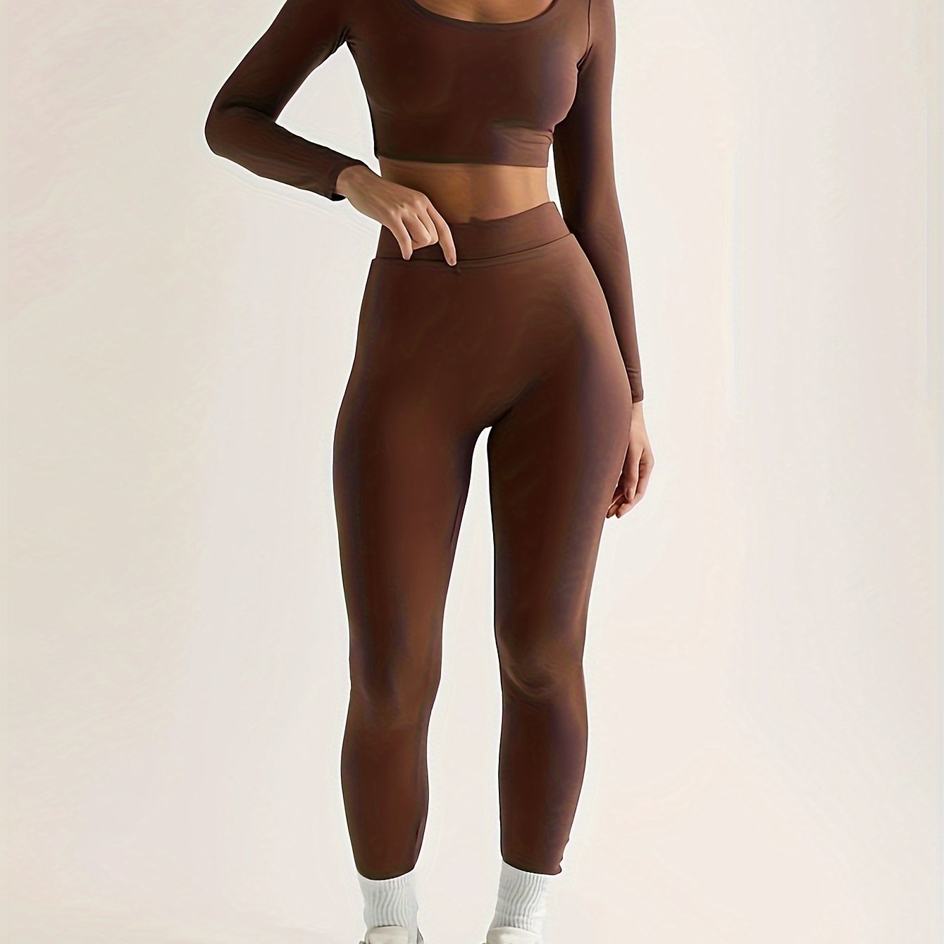 Sixsr Solid Slim Two-piece Set, Casual Long Sleeve Crop Top & High Waist Skinny Pants Outfits, Women's Clothing