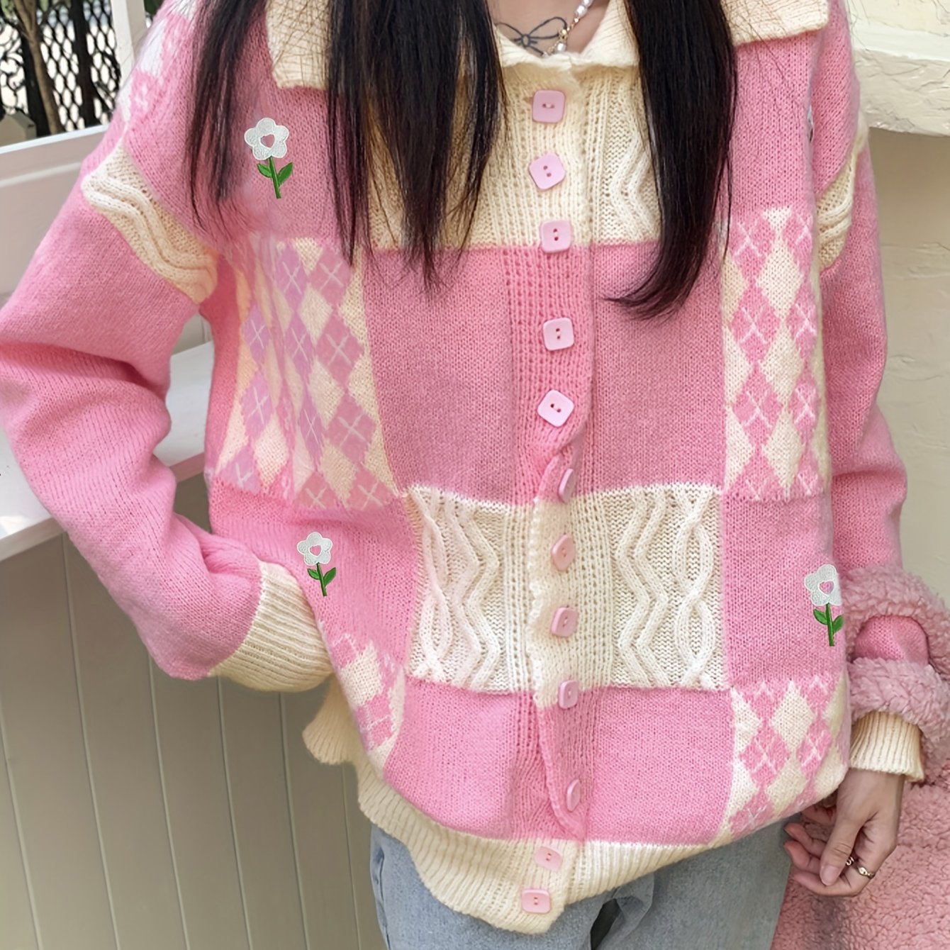 Sixsr Flower & Plaid Pattern Single Breasted Cardigan, Sweet Long Sleeve Cardigan For Fall & Winter, Women's Clothing