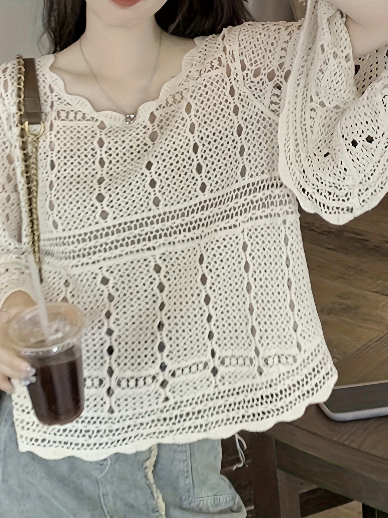 Sixsr Solid Hollow Crew Neck Pullover Top, Casual Long Sleeve Scallop Trim Versatile Stylish Sweater, Women's Clothing