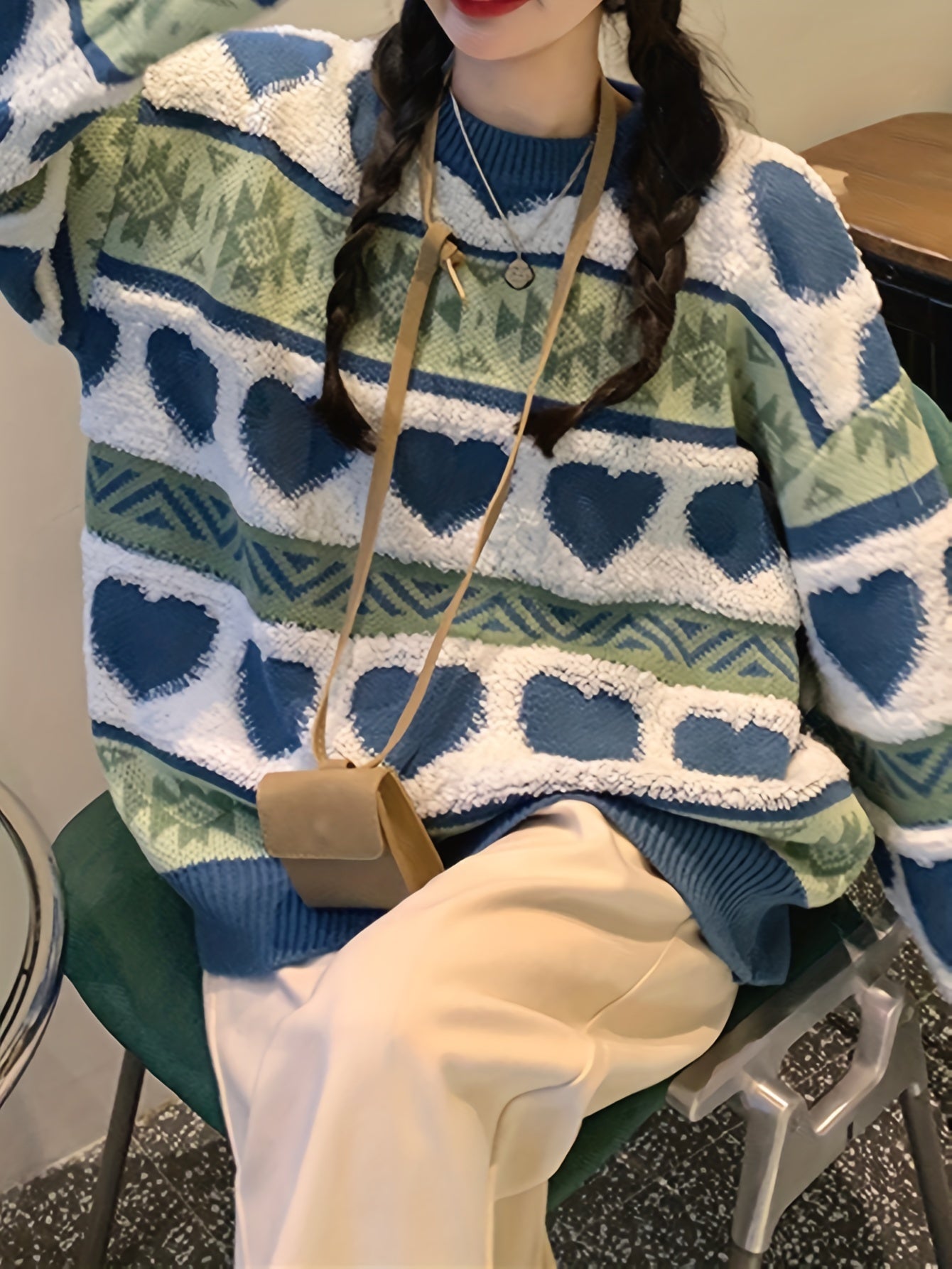 Sixsr Heart Pattern Crew Neck Pullover Sweater, Vintage Long Sleeve Soft Oversized Sweater, Women's Clothing