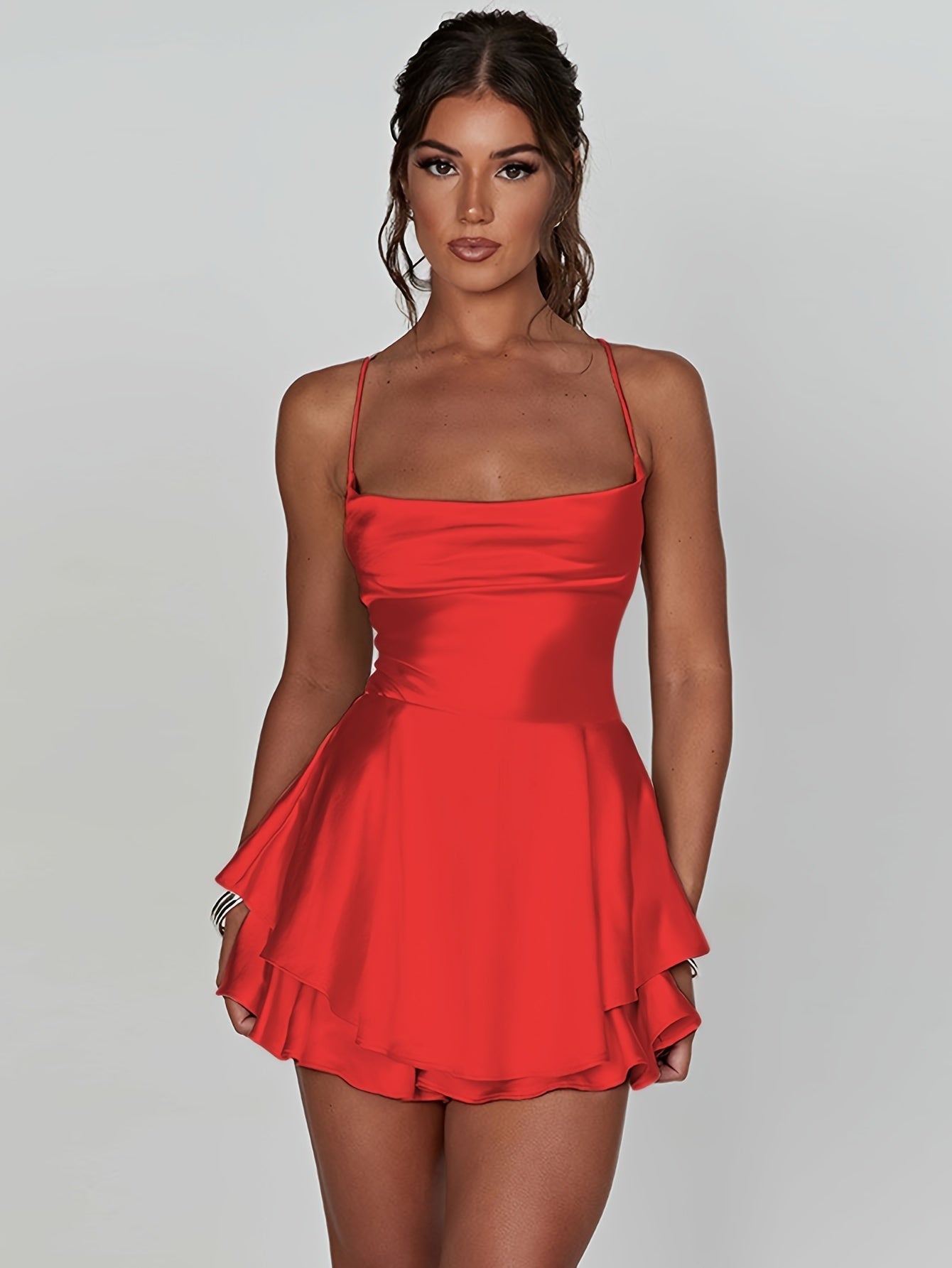 Sixsr Backless Spaghetti Strap Tiered Dress, Stylish Cowl Neck A-line Mini Dress, Women's Clothing