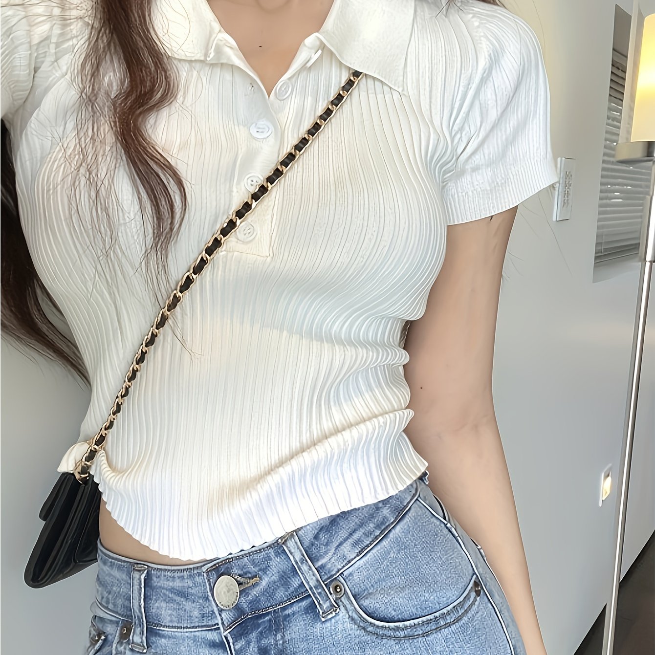 Sixsr Button Front V Neck Knit Sweater, Elegant Short Sleeve Slim Summer Knit Sweater, Women's Clothing