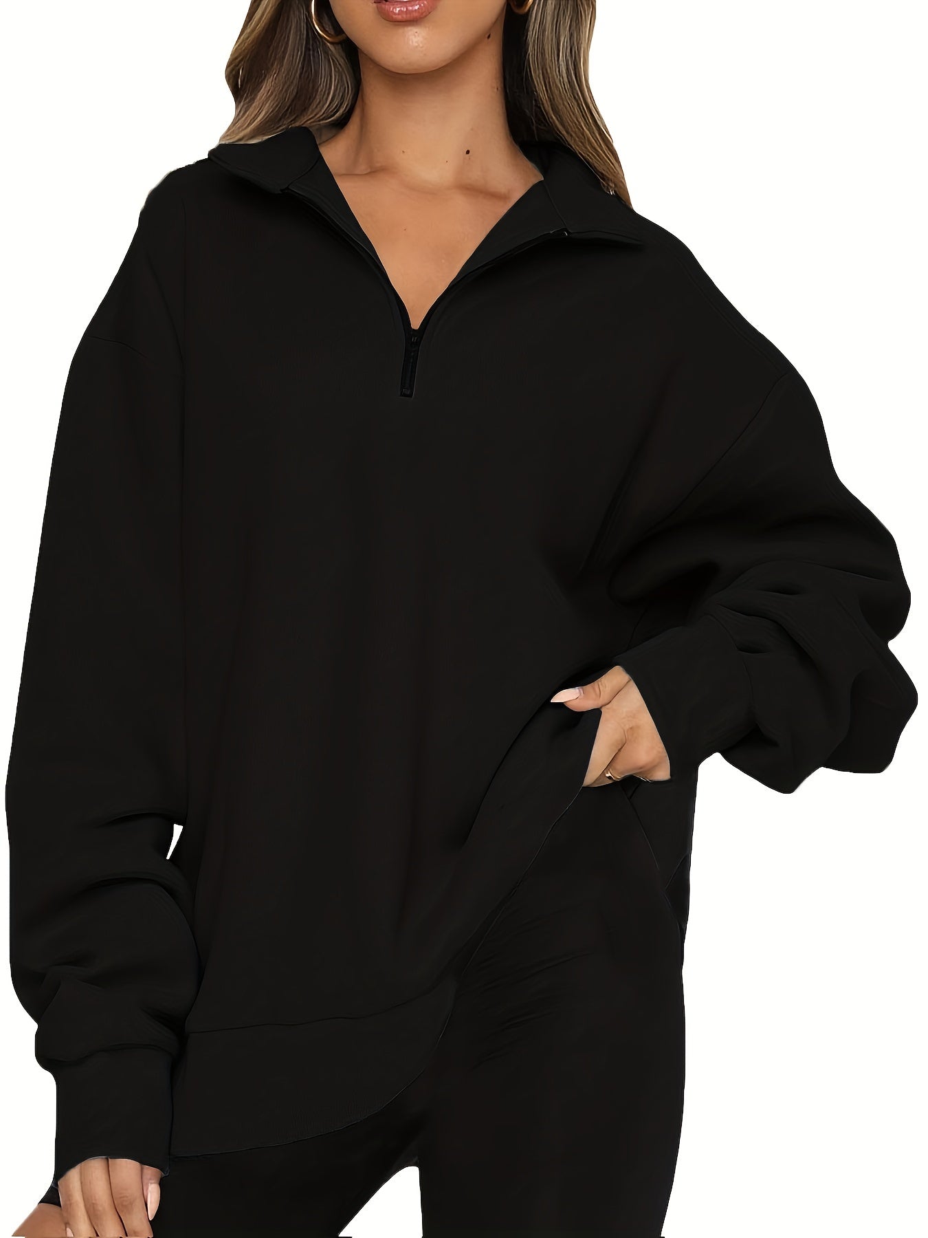 Sixsr Plus Size Casual Sweatshirt, Women's Plus Solid Long Sleeve Zip Up Lapel Collar Pullover Sweatshirt, Casual Tops For Fall & Winter, Women's Clothing